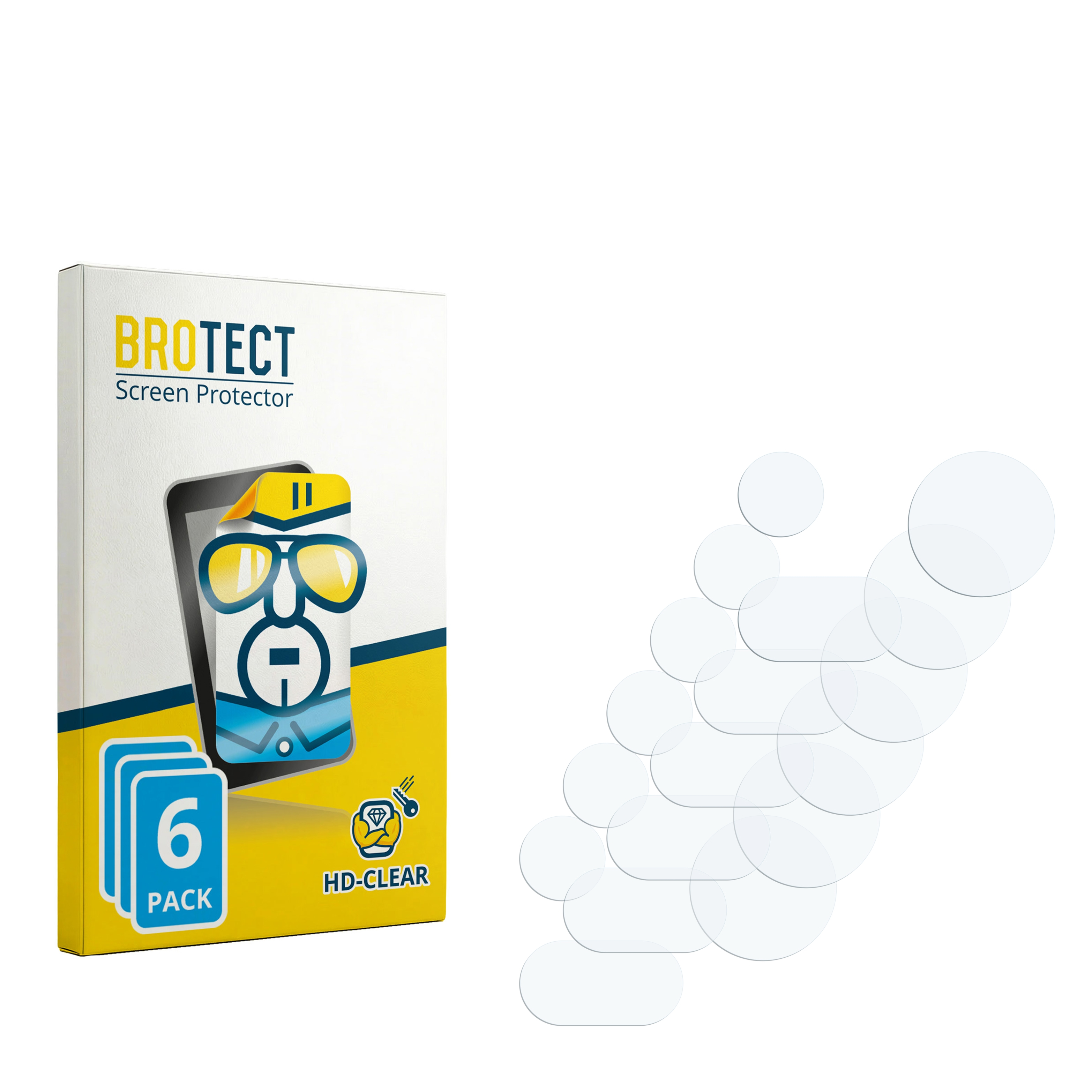 Packung mit 6 BROTECT Displayschutzfolien und mehreren runden Folien