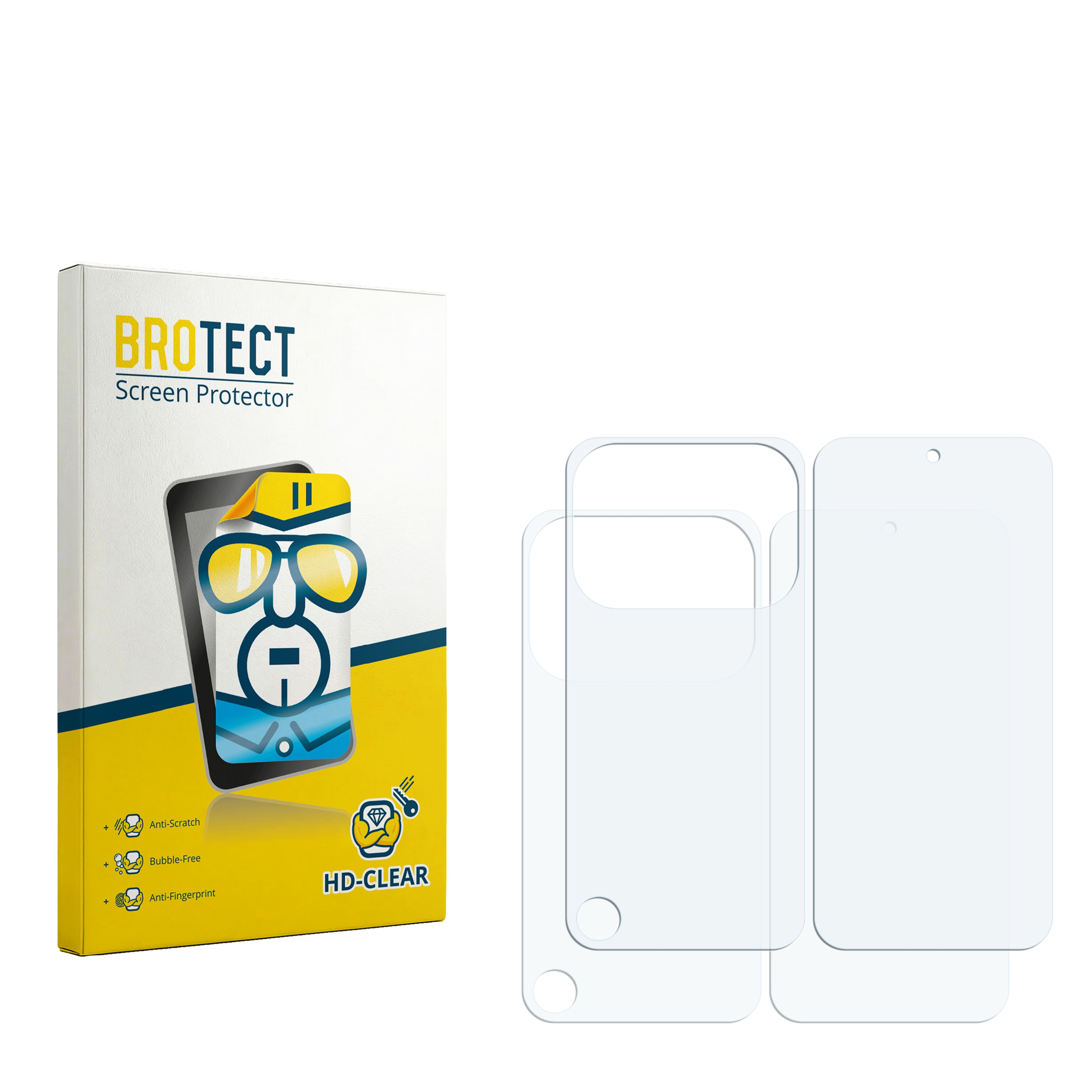 BROTECT Displayschutzfolien-Verpackung und klare Schutzfolien auf weißem Grund.