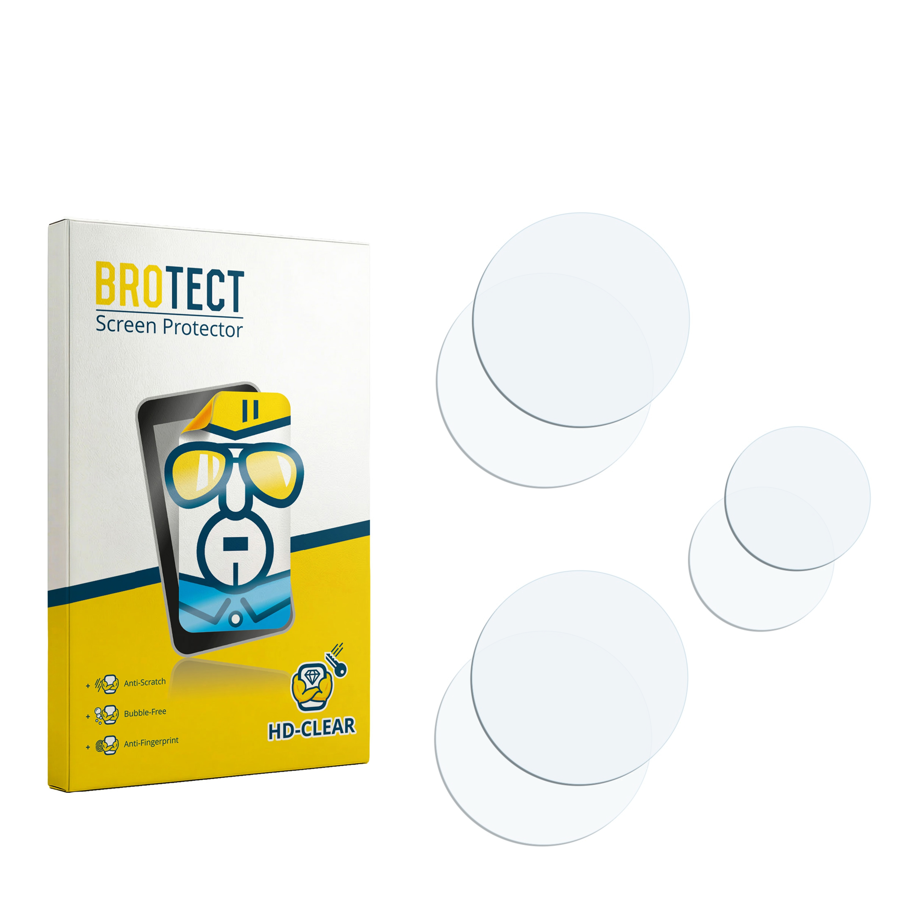 Verpackung für BROTECT Displayschutzfolie mit drei runden Schutzfolien.