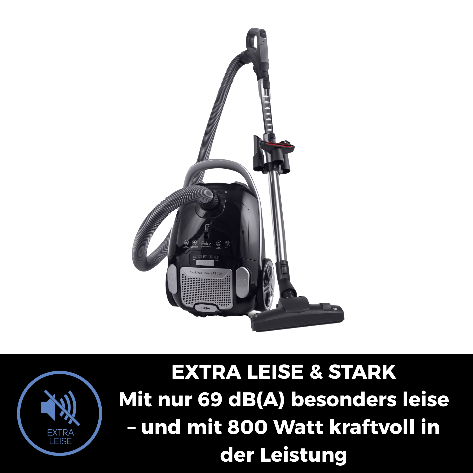 Ein schwarzer Fakir Staubsauger mit Schlauch und Rohr, HEPA-Filter.