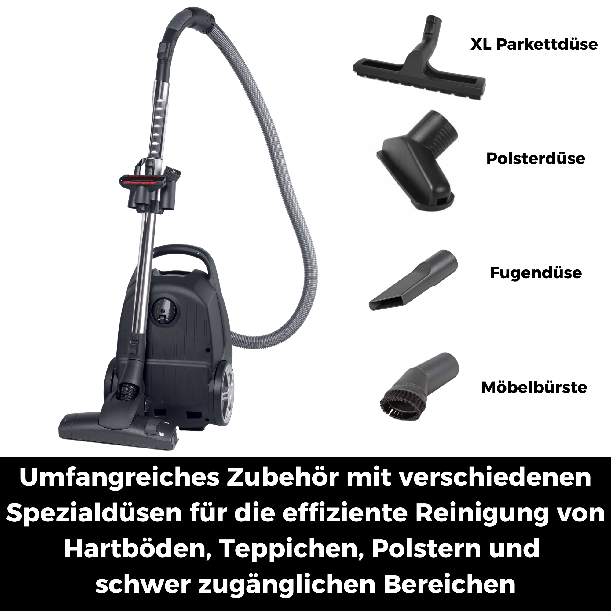Staubsauger mit Zubehör: Parkett-, Polster-, Fugen- und Möbelbürstendüse.