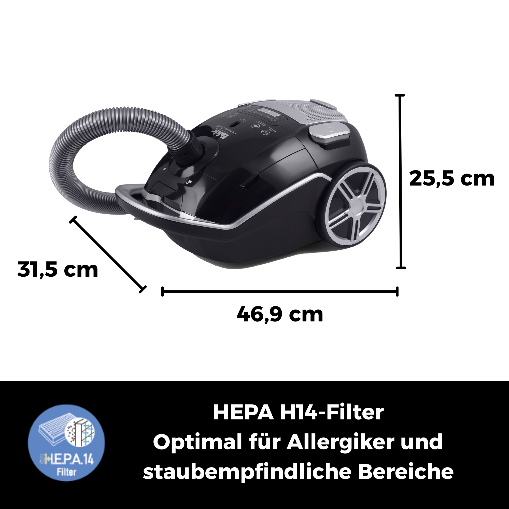 Schwarzer Fakir Staubsauger mit HEPA H14 Filter. Maße: 46,9x31,5x25,5 cm.