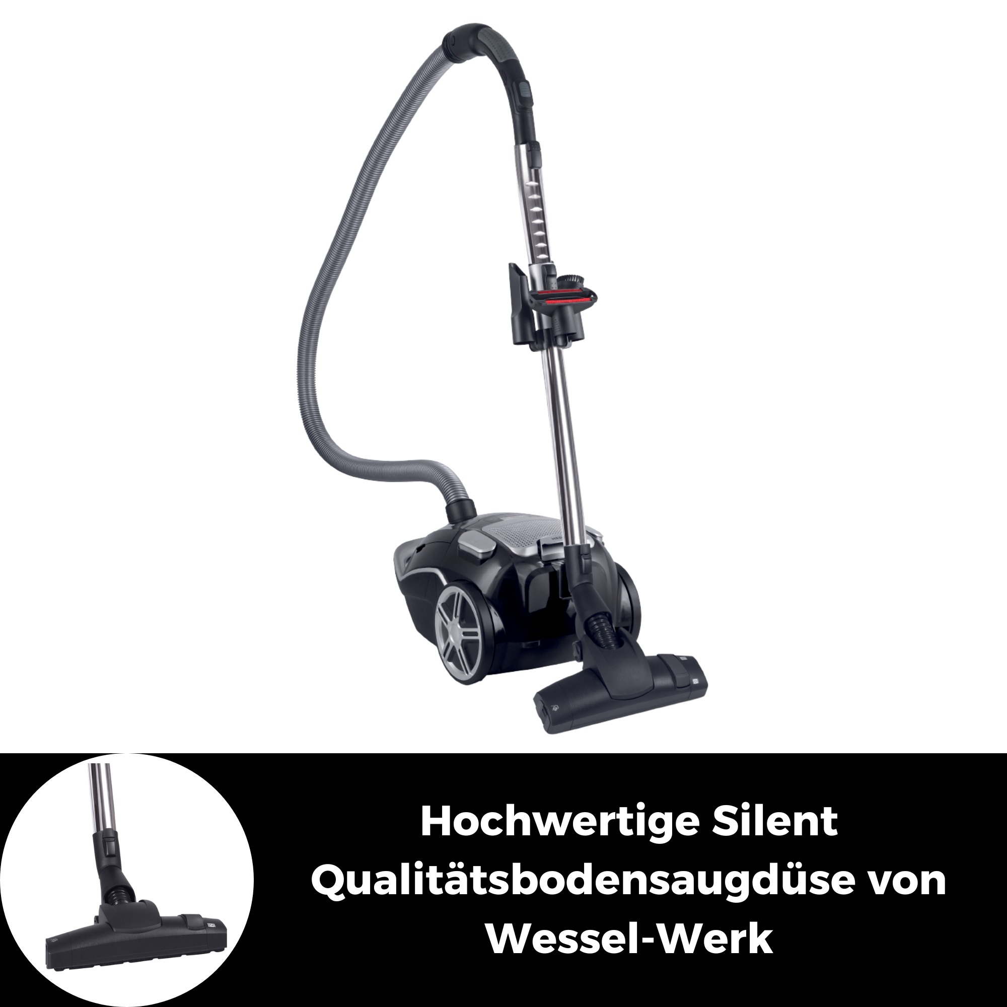 Schwarzer Staubsauger mit Schlauch und Bodendüse, auf weißem Hintergrund.