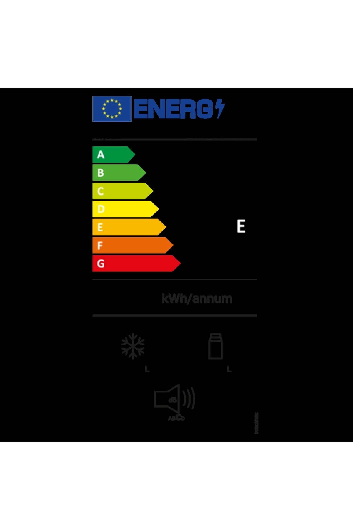 Enerji etiketi A-G ölçeği, E sınıfı, kWh/yıl, dondurucu sembolü, şişe sembolü, gürültü seviyesi.