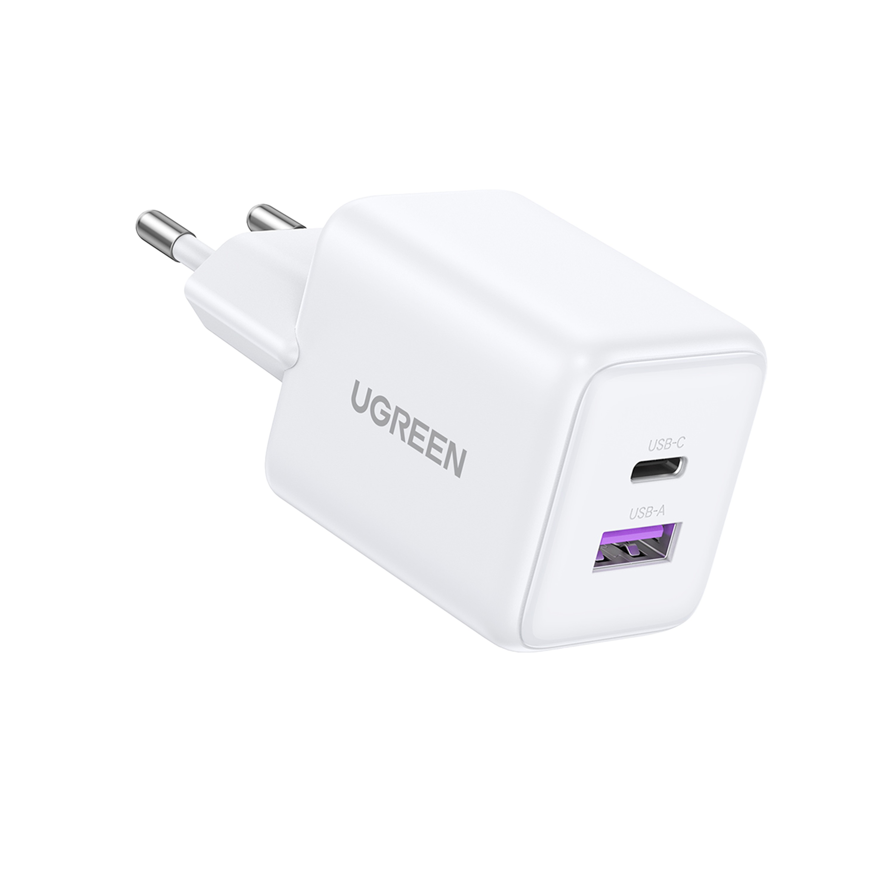 UGREEN beyaz çift portlu USB-C ve USB-A girişli şarj cihazı.