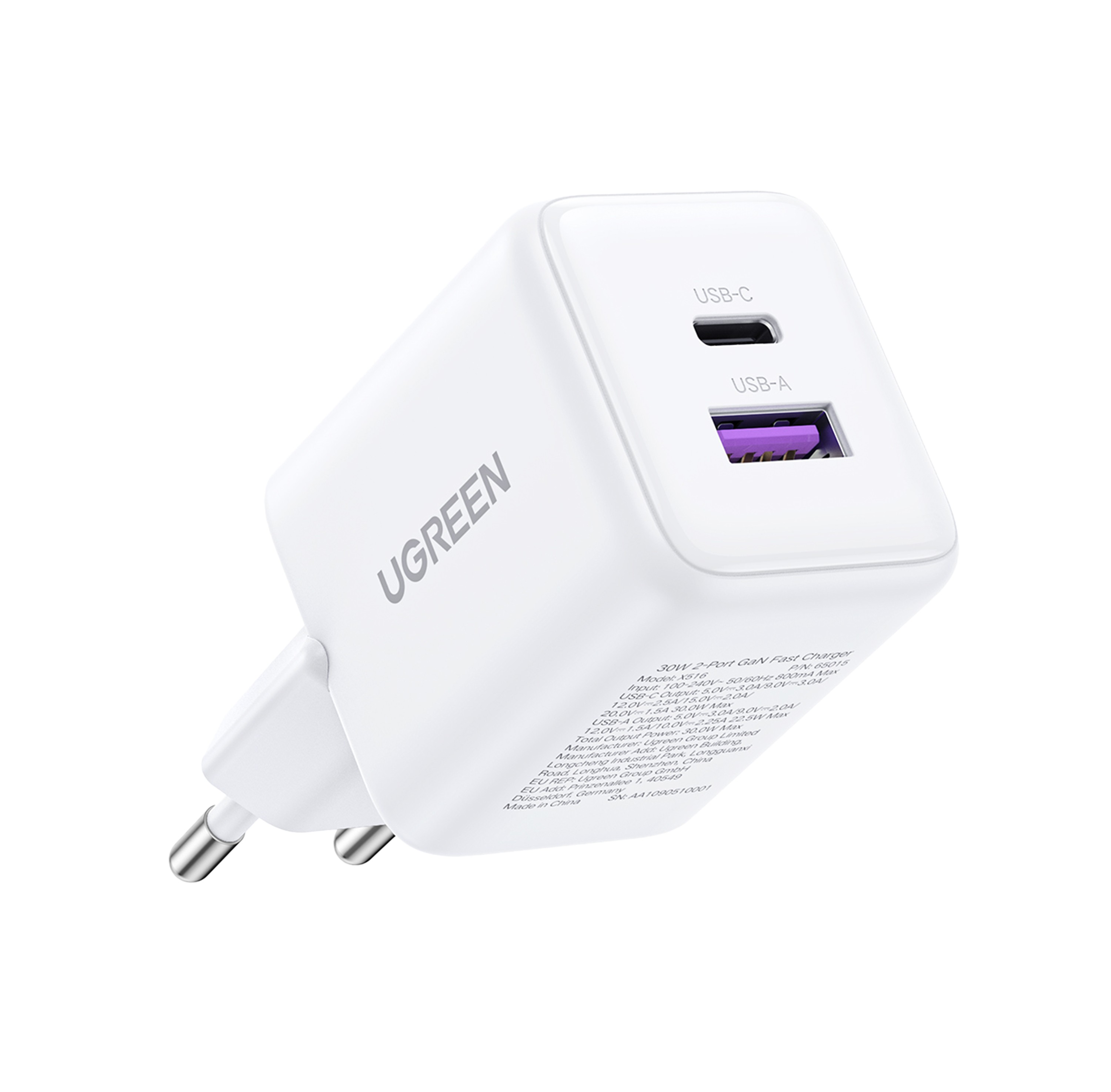 USB-C ve USB-A bağlantı noktalarına sahip beyaz bir UGREEN GaN hızlı şarj cihazı.