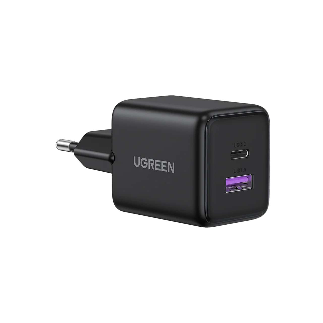 Siyah UGREEN USB-C ve USB-A duvar şarj cihazı AB fişli.