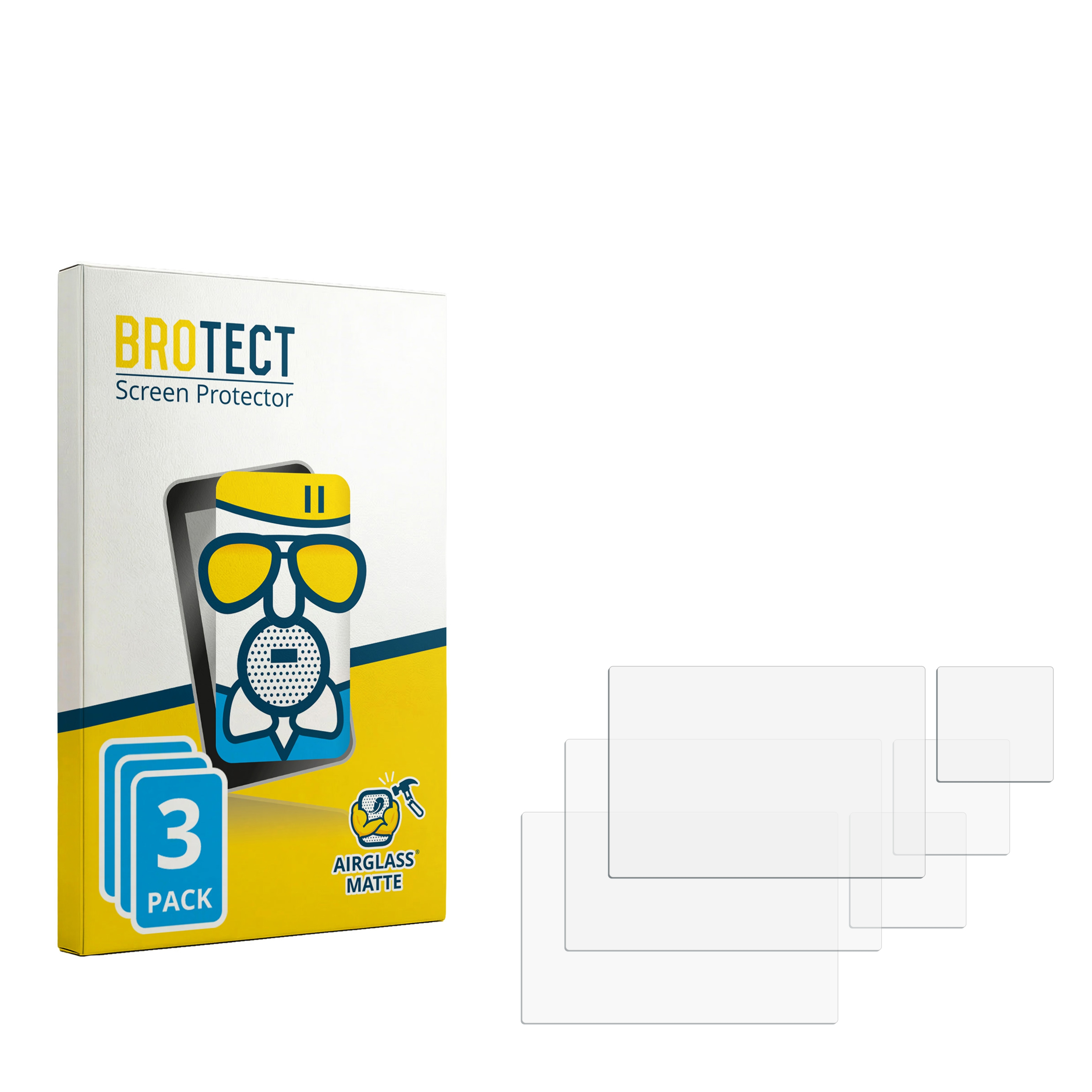 Packung mit 3 Displayschutzfolien, eine mit Cartoon-Gesicht, und separate Folien.