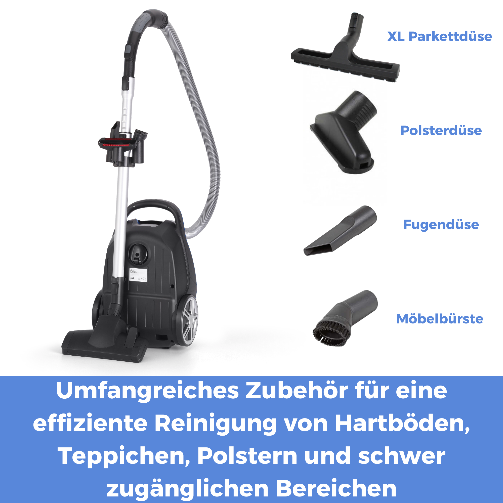 Schwarzer Staubsauger mit verschiedenen Aufsätzen: Bodendüse, Polsterdüse, Fugendüse, Bürste.