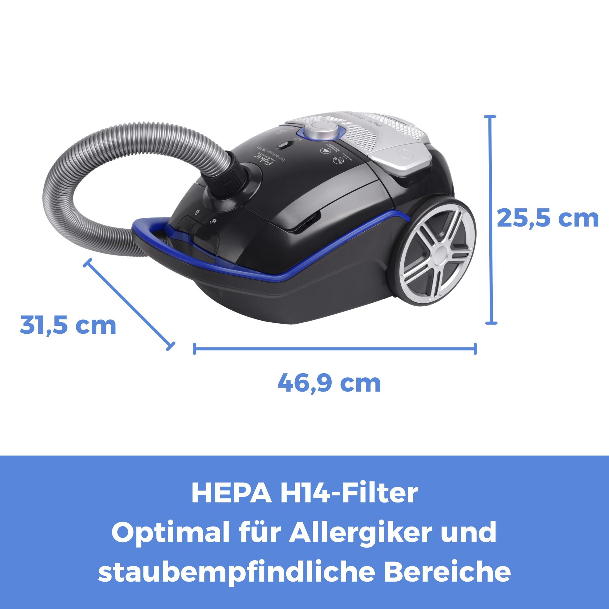 Czarny odkurzacz Fakir z filtrem HEPA H14, 46,9x31,5x25,5 cm.