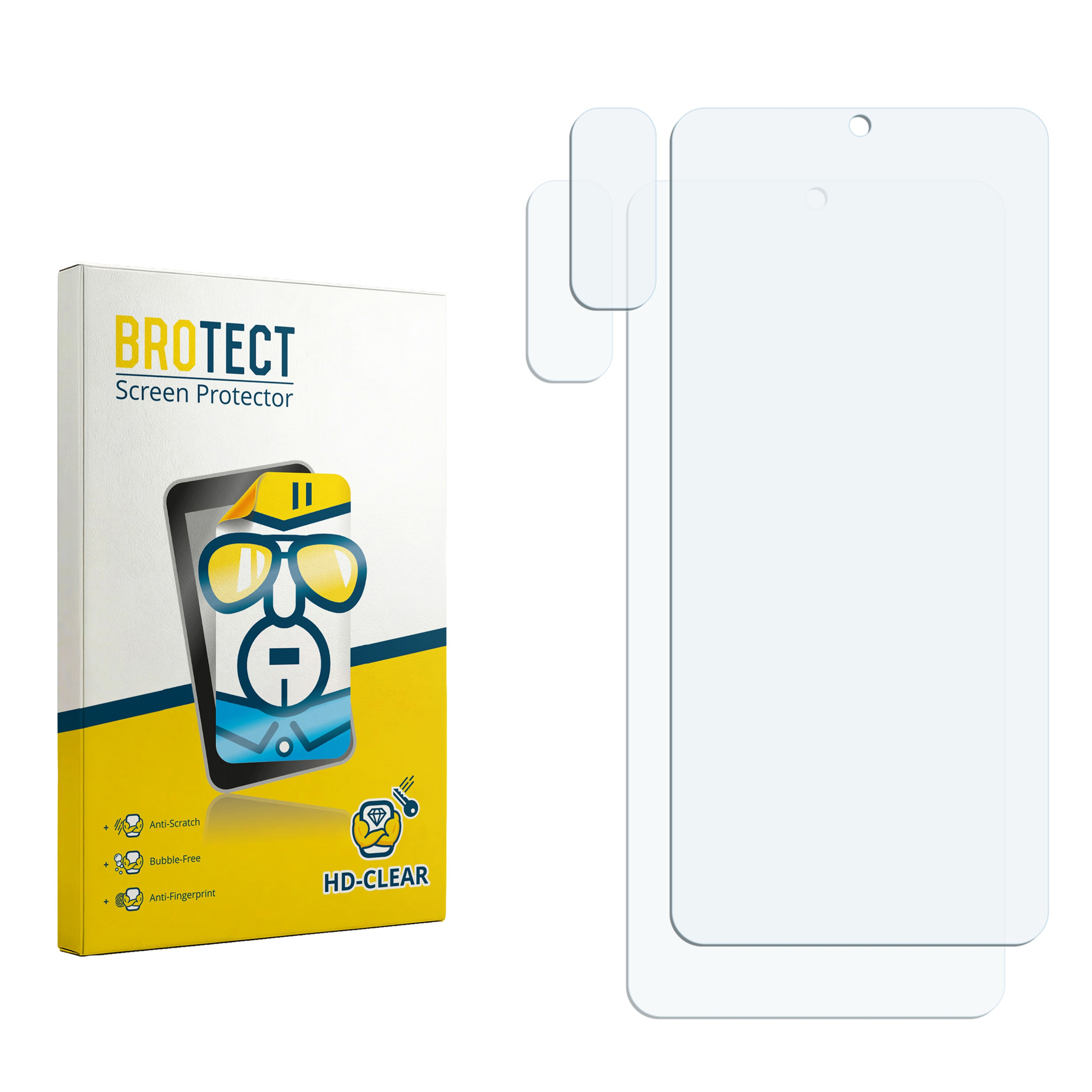 BROTECT Displayschutzfolien-Verpackung und zwei klare Displayschutzfolien.