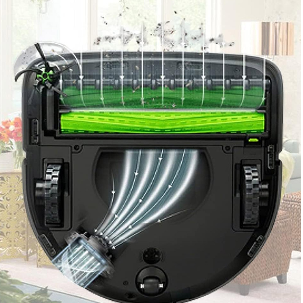 Aspiradora robot mostrando potencia de succión, rodillo de cepillo verde y ruedas.