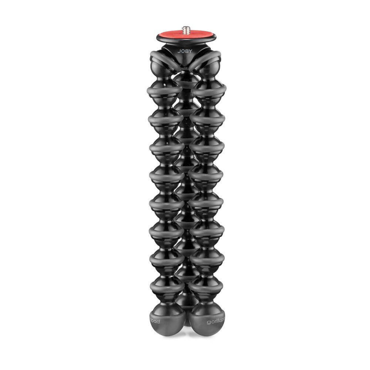 Un Joby Gorillapod nero con accenti rossi su sfondo bianco.