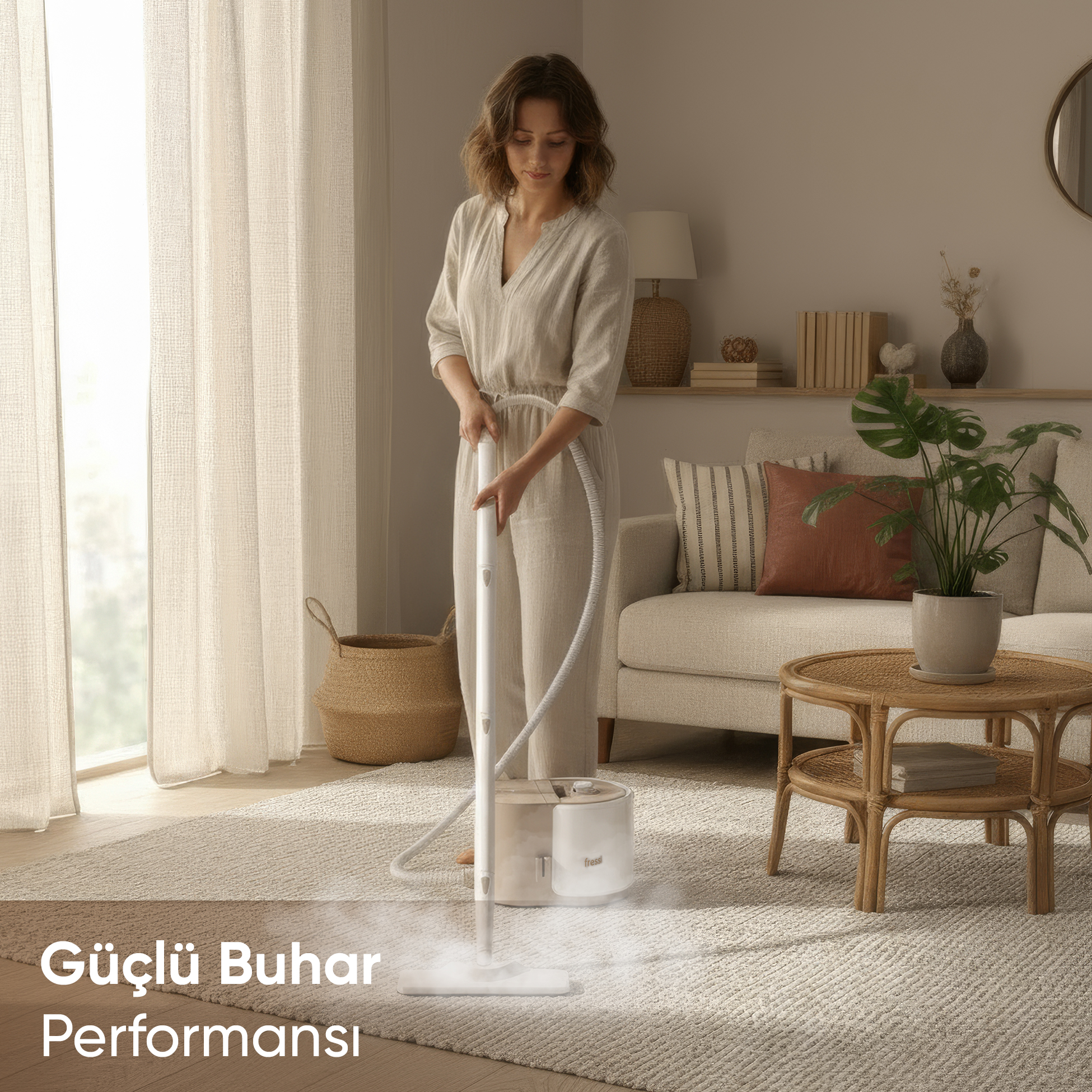 Bir kadın oturma odasında buharlı temizleyici ile halı temizliyor.