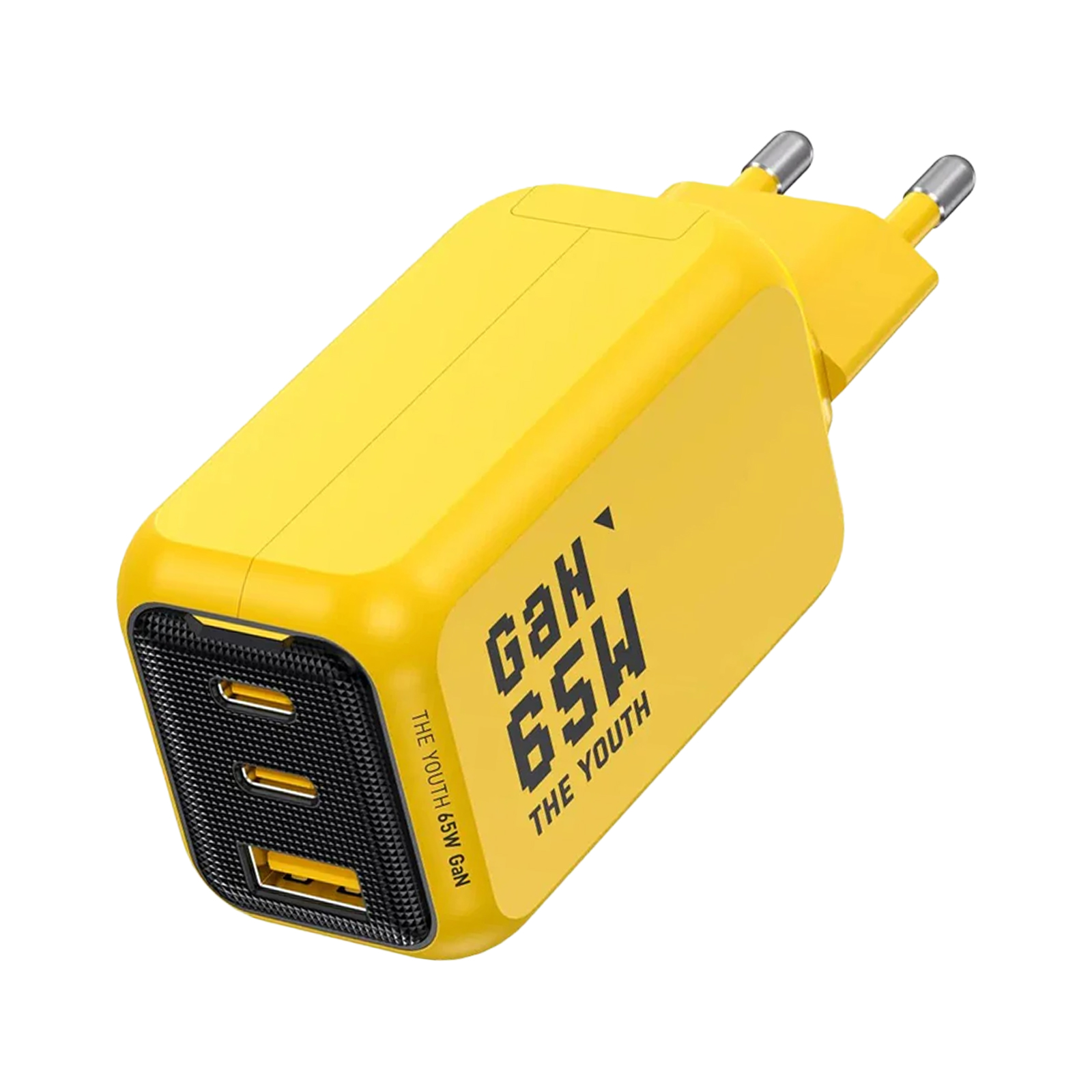İki USB-A ve bir USB-C bağlantı noktasına sahip sarı GaN 65W şarj cihazı.