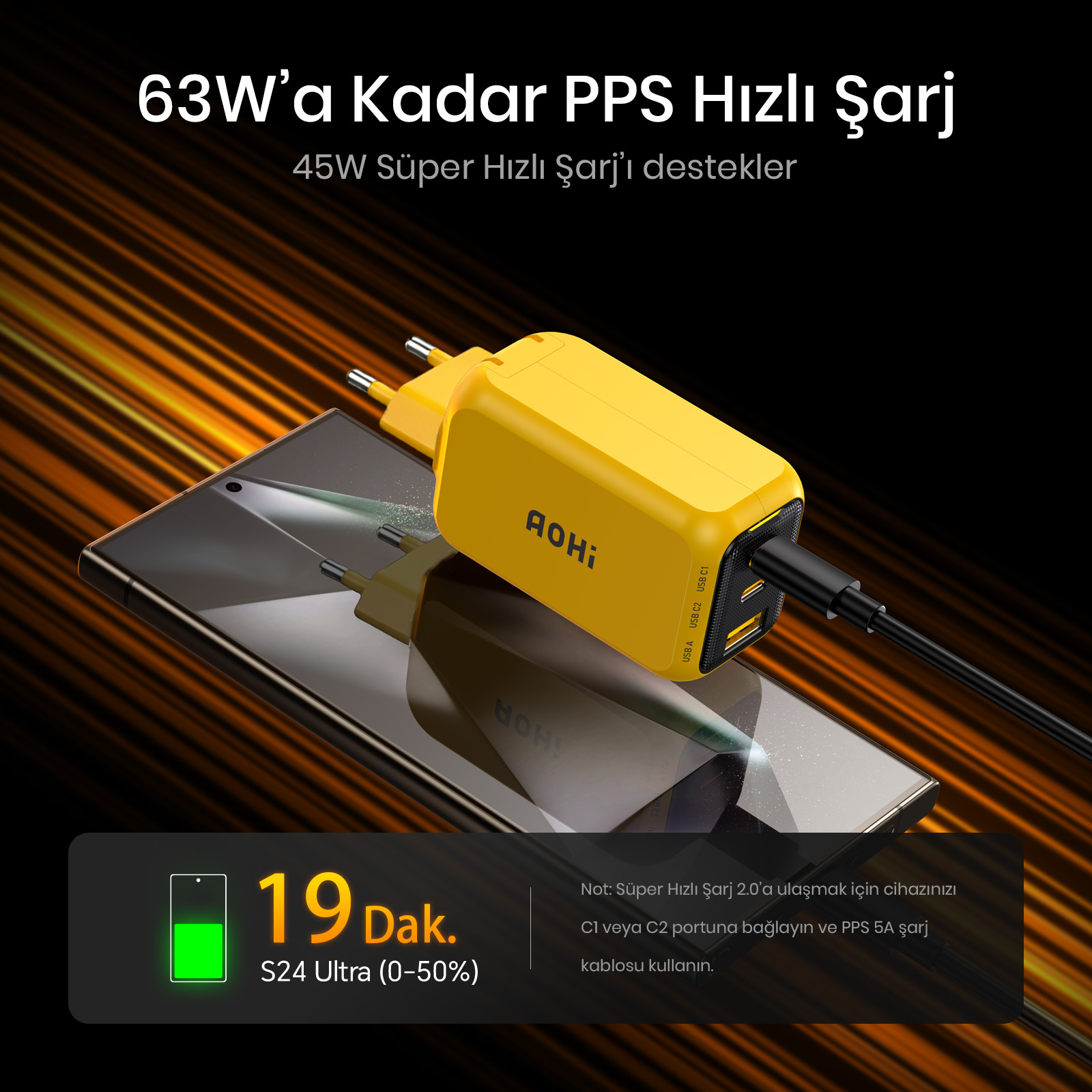 İki USB'li sarı şarj cihazı akıllı telefonu şarj ediyor, 19 dk %0-50.