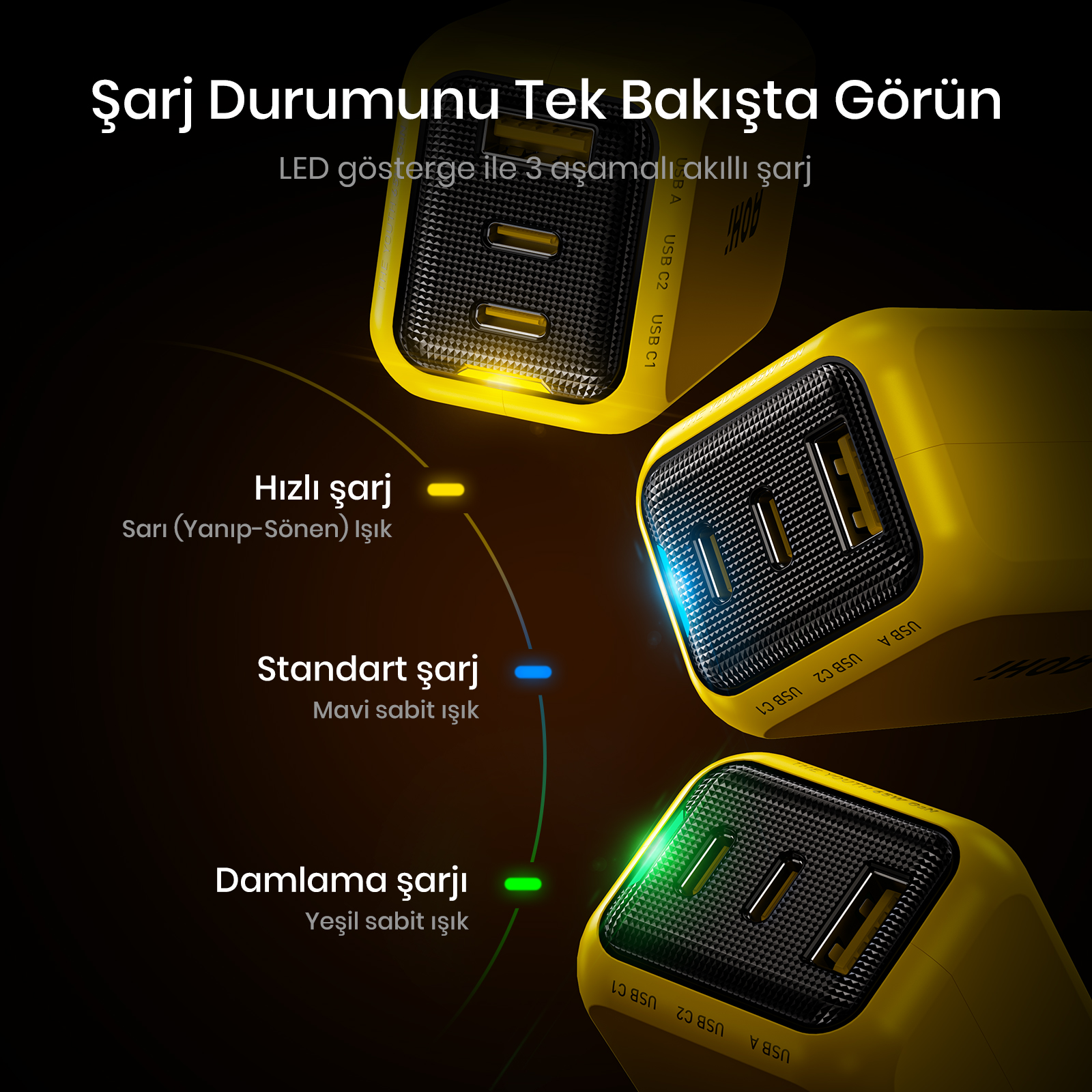 Şarj durumunu gösteren LED'li sarı çoklu USB şarj cihazı.