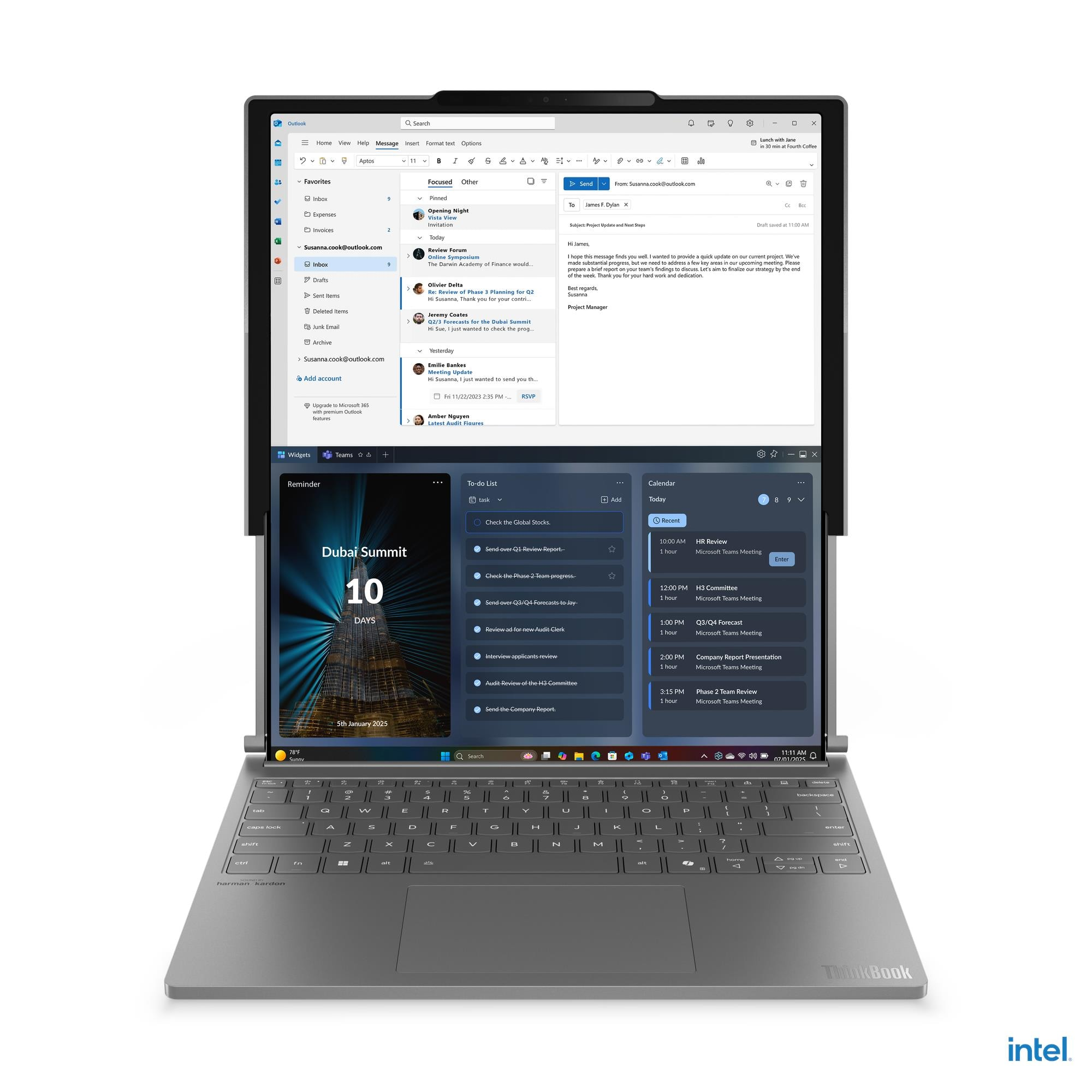 Un laptop mostra lo schermo di Outlook con email e calendario.