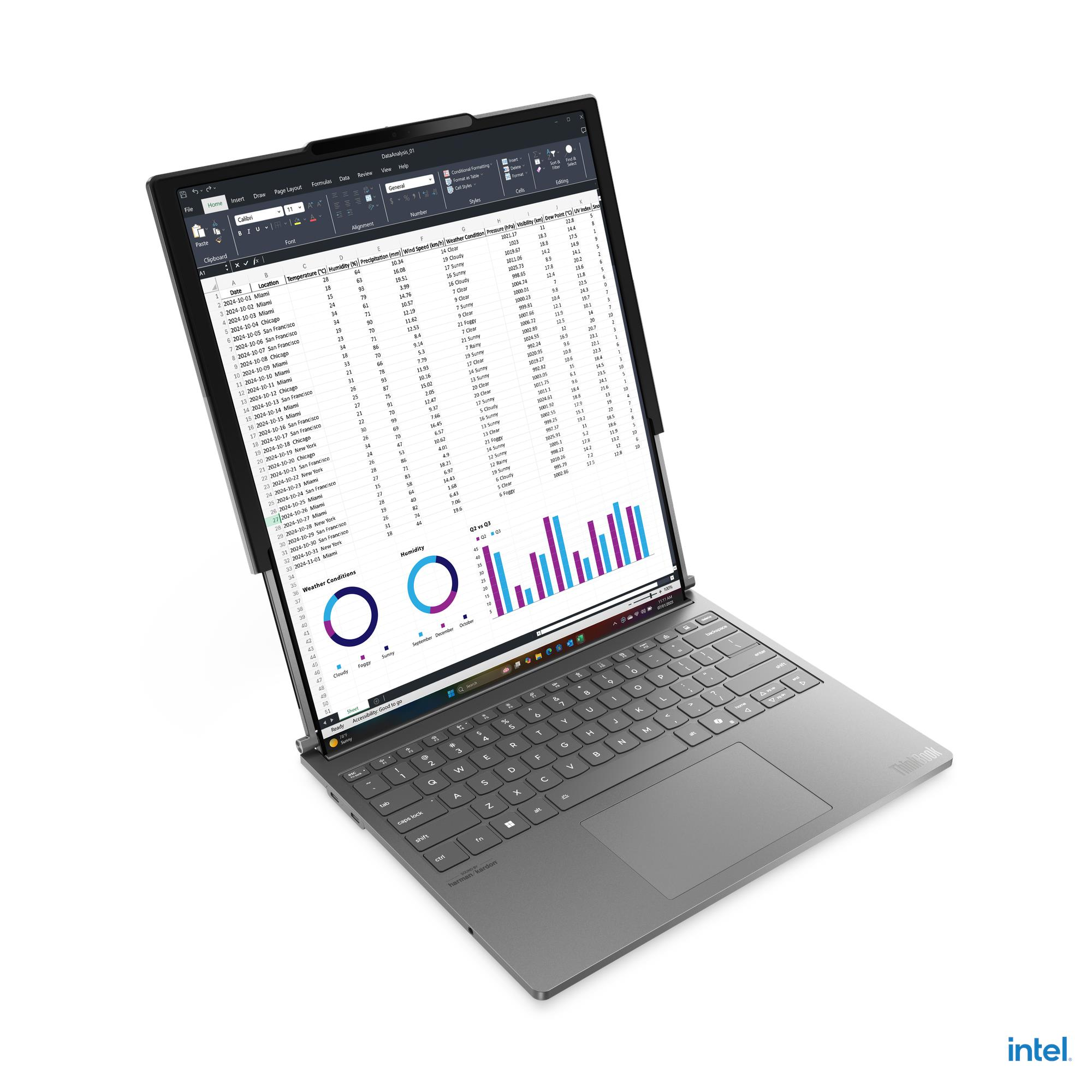 Un laptop con lo schermo aperto, che visualizza un foglio di calcolo di dati meteorologici e grafici.