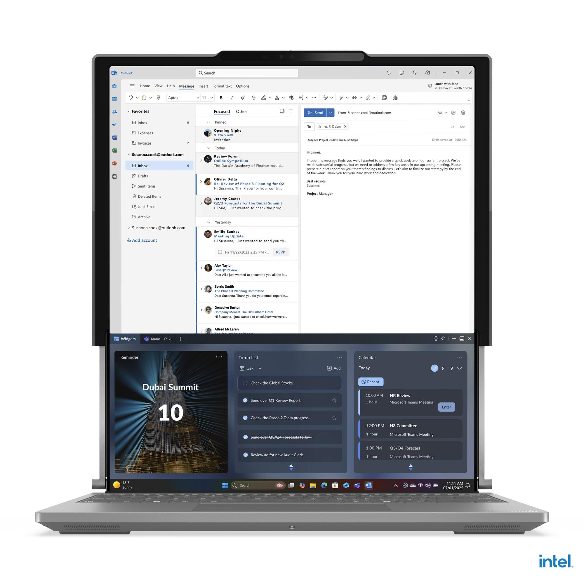 Un laptop mostra il desktop di Outlook con email, un elenco di cose da fare e un calendario.