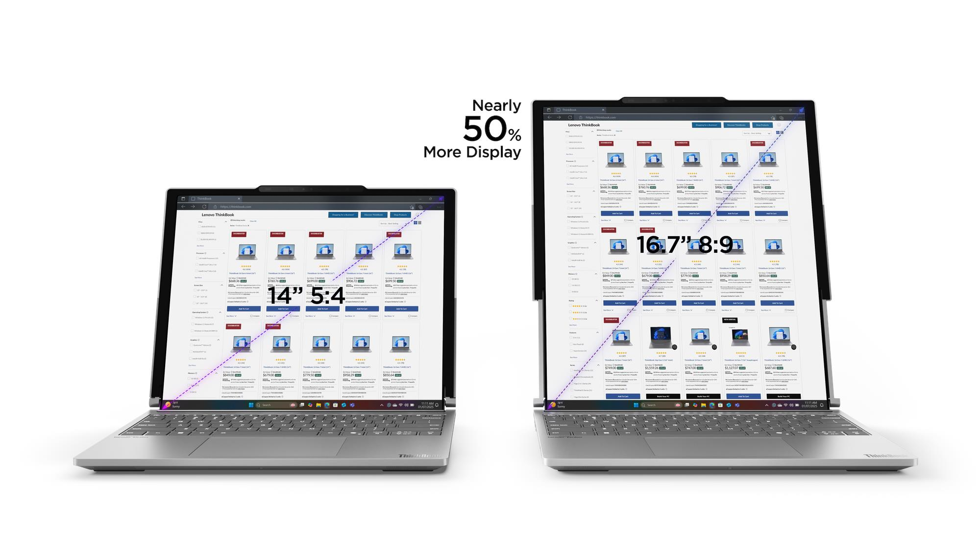 Due laptop uno accanto all'altro: a sinistra un display da 14" 5:4, a destra un display da 16,7" 8:9.