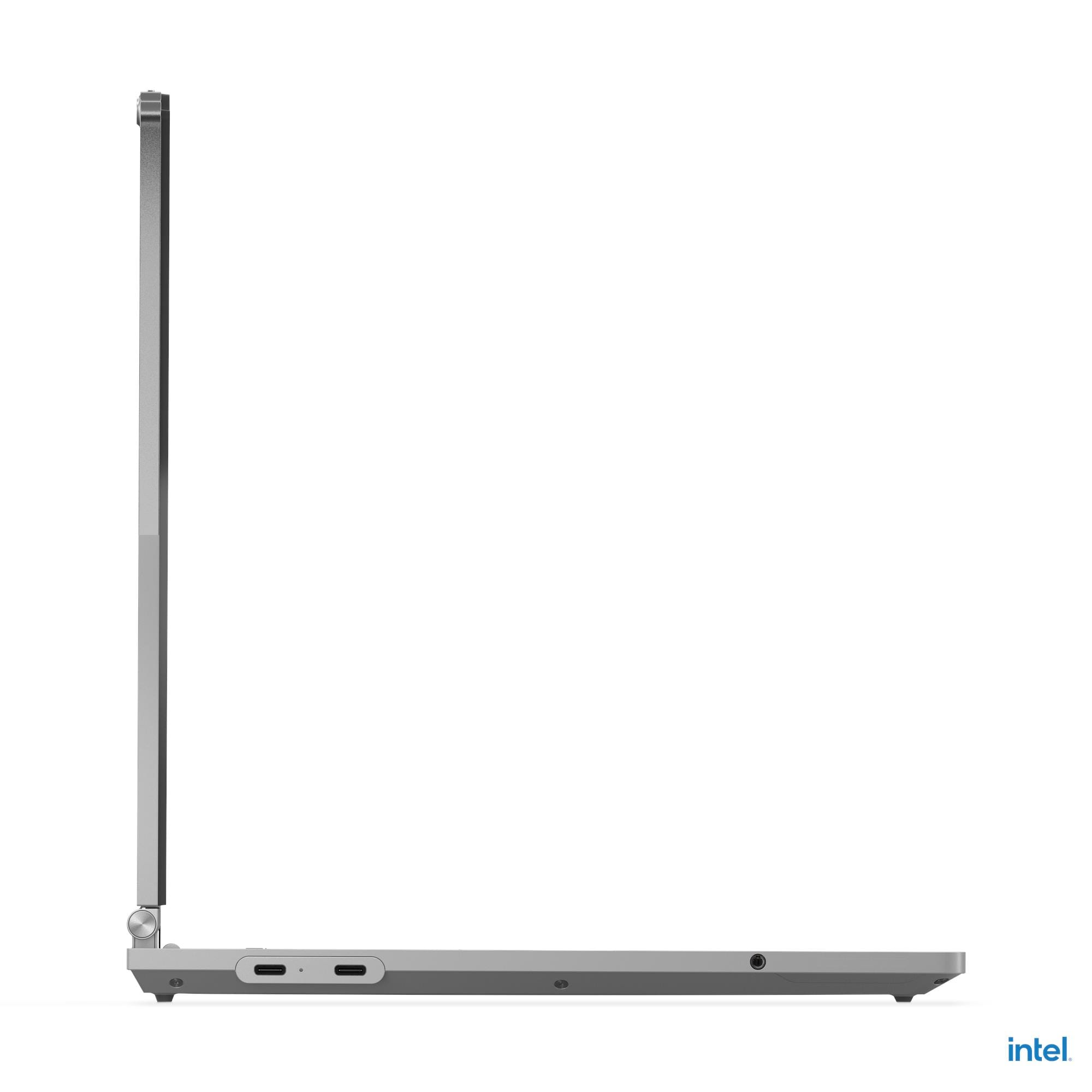 Vista laterale di un laptop argento con porte USB-C e logo Intel.