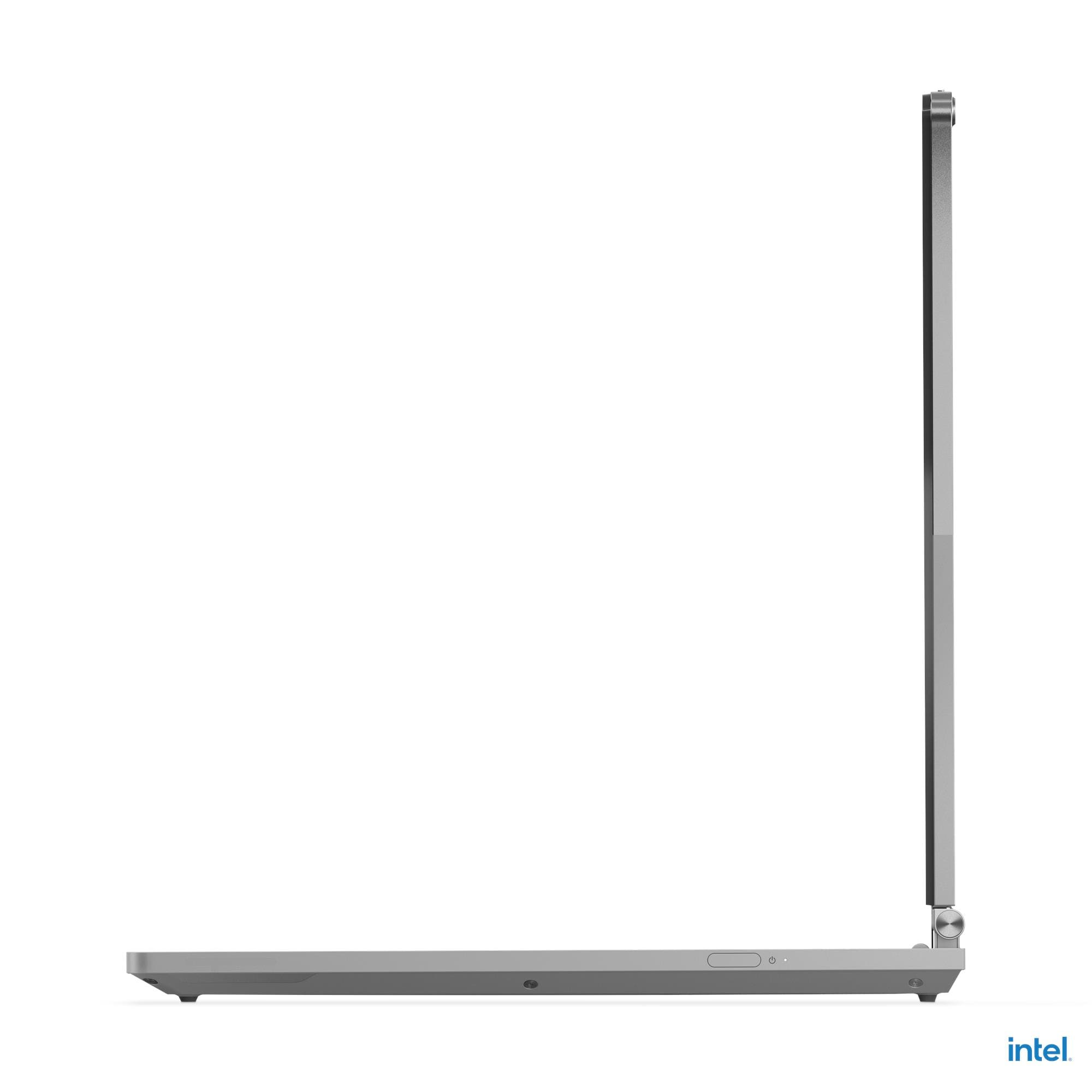 Un laptop grigio di profilo, con lo schermo leggermente aperto. Logo Intel in basso a destra.