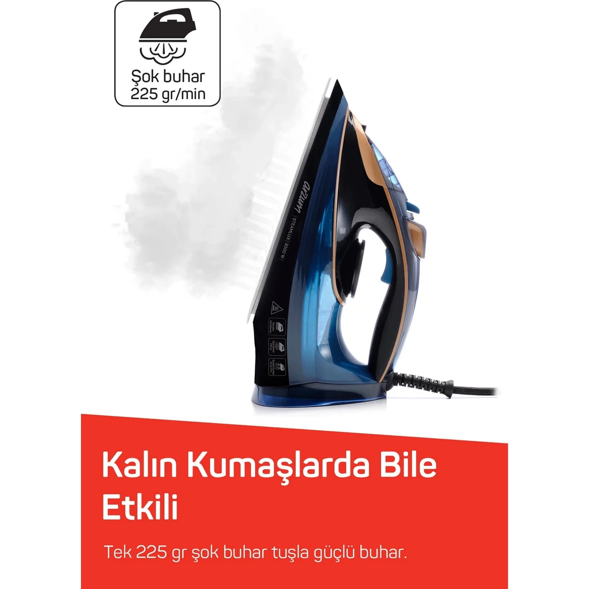 Buhar çıkaran mavi ve siyah Arzum ütü, 225 gr/dakika buhar hakkında metin içerir.