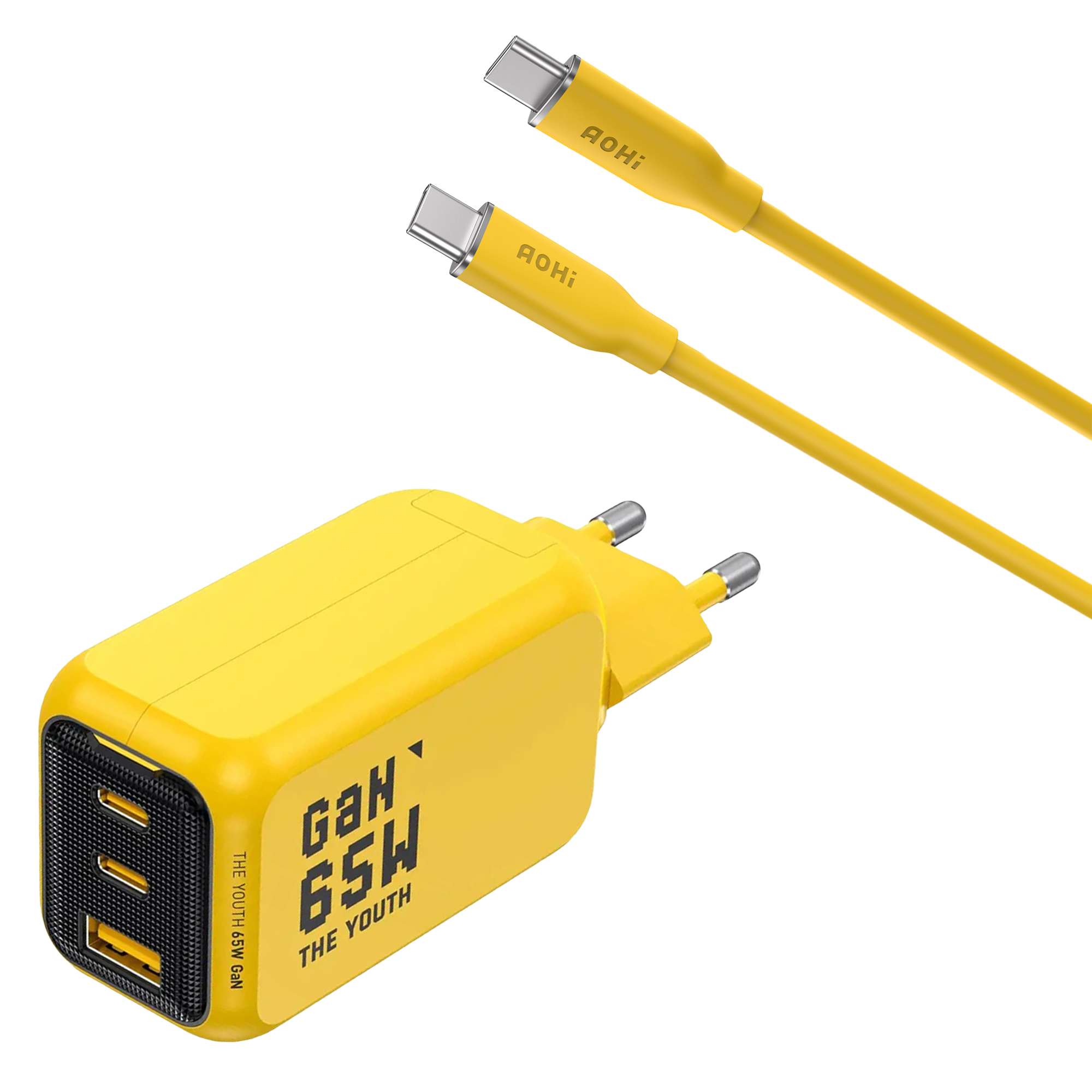 Sarı GaN 65W USB-C şarj cihazı ve iki uyumlu kablo.