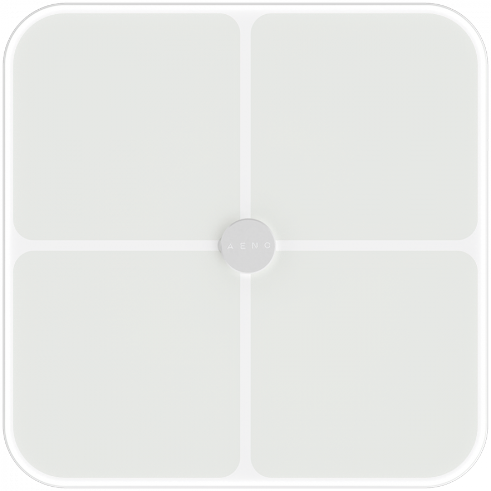 Nowoczesna, biała, kwadratowa waga cyfrowa z zaokrąglonymi rogami i centralnym szarym przyciskiem.