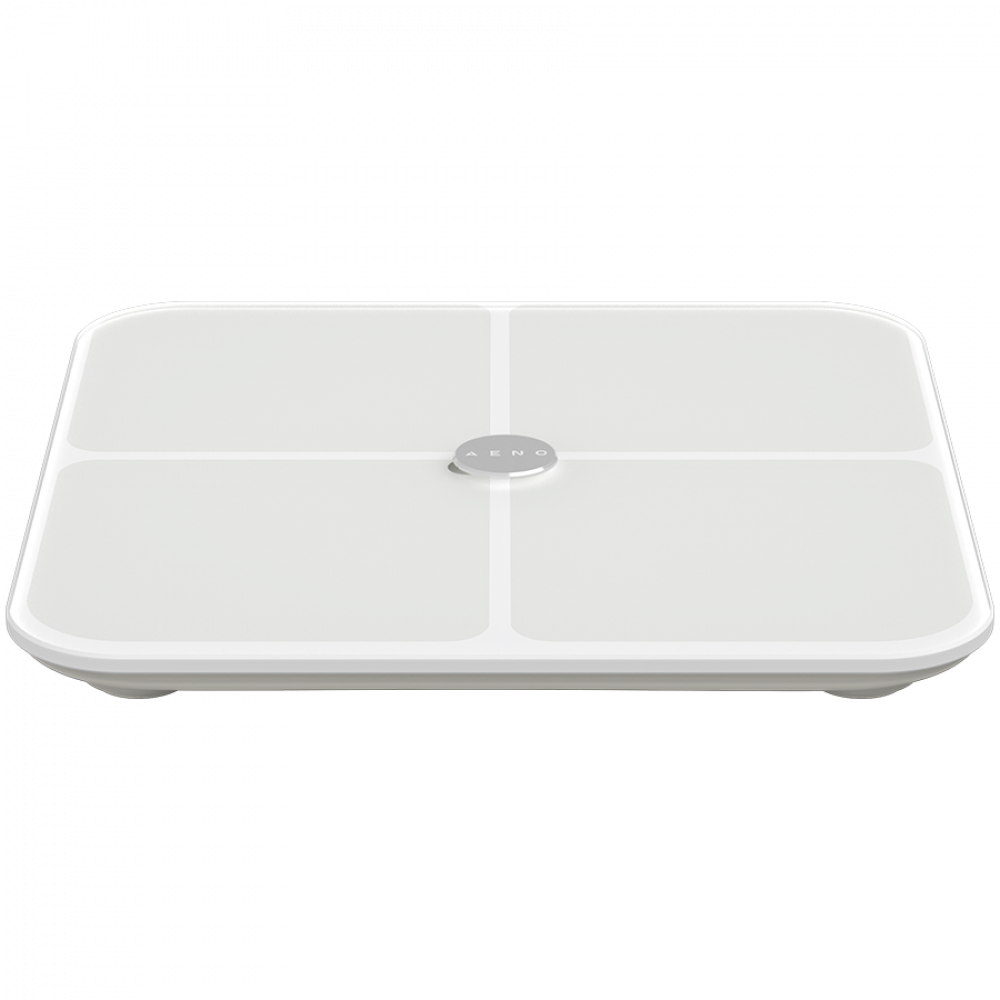 Biała waga z okrągłym szarym elementem pośrodku.