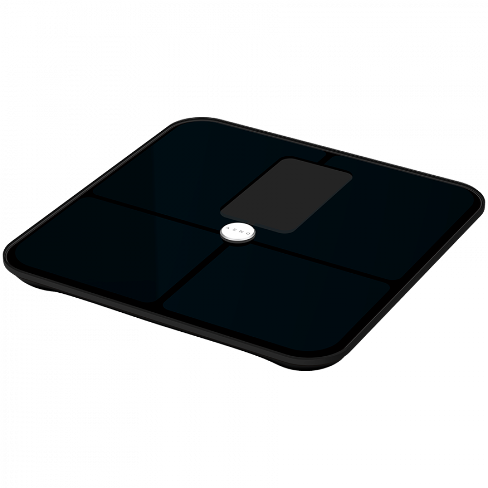 Czarna waga cyfrowa z prostokątnym wyświetlaczem i srebrnym przyciskiem.