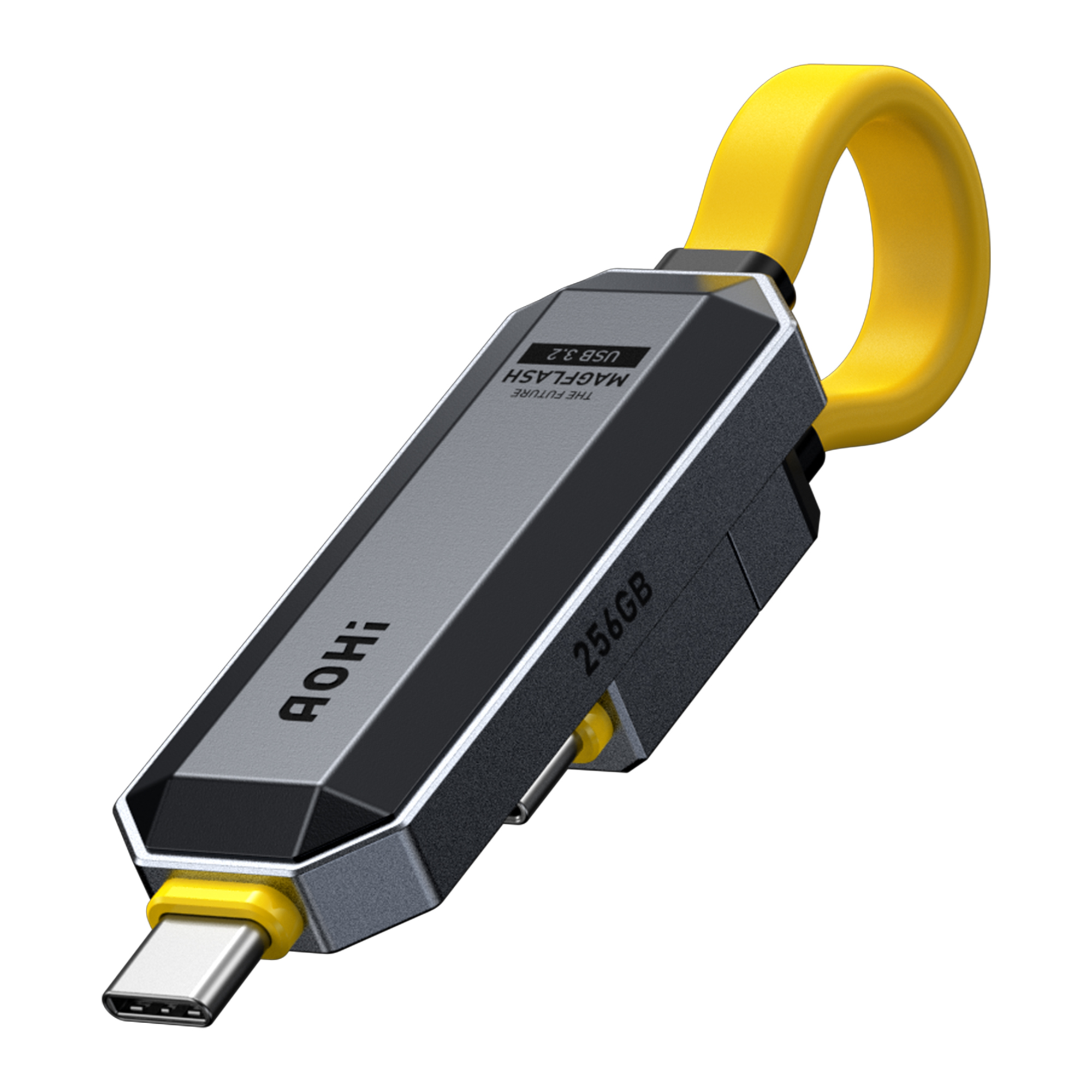 Sarı halkalı ve USB-C konektörlü gri USB bellek.