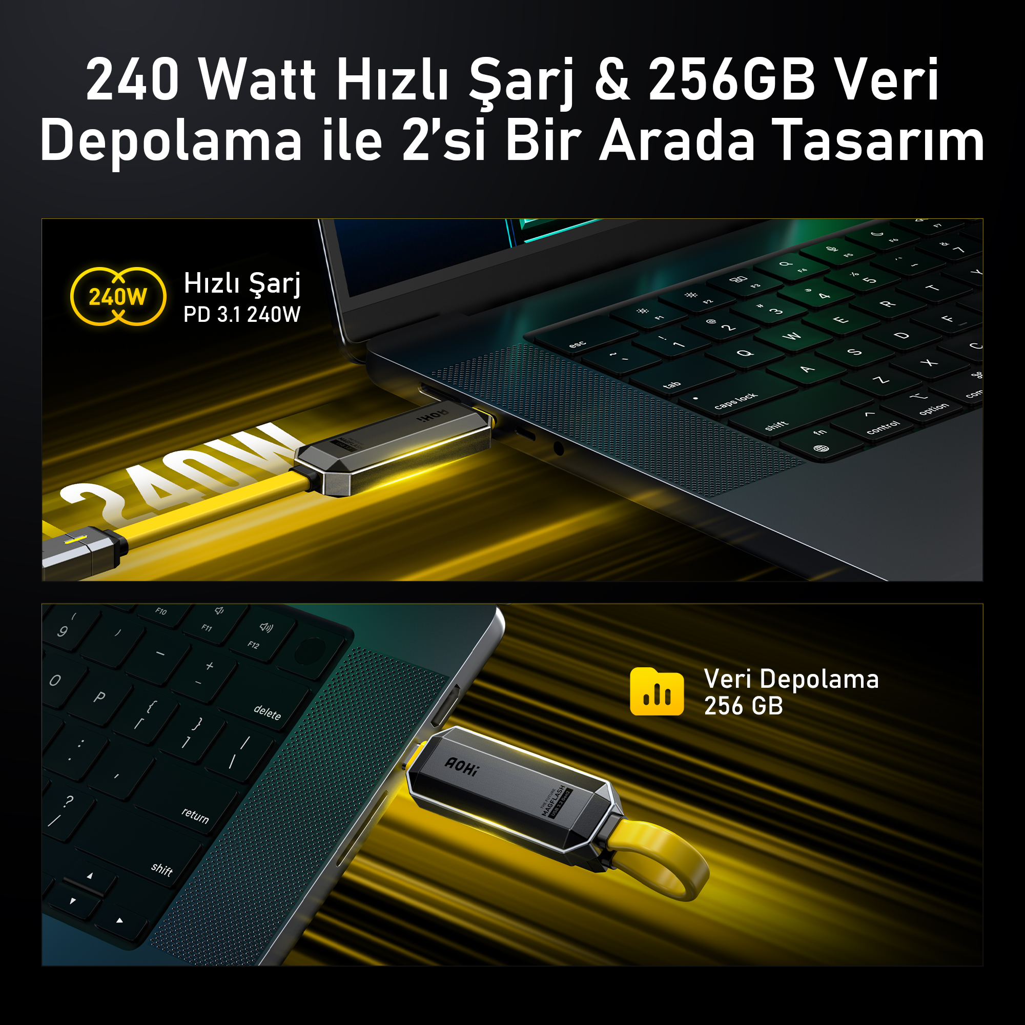 240W hızlı şarj ve 256GB depolama destekli USB-C stickli dizüstü bilgisayar.