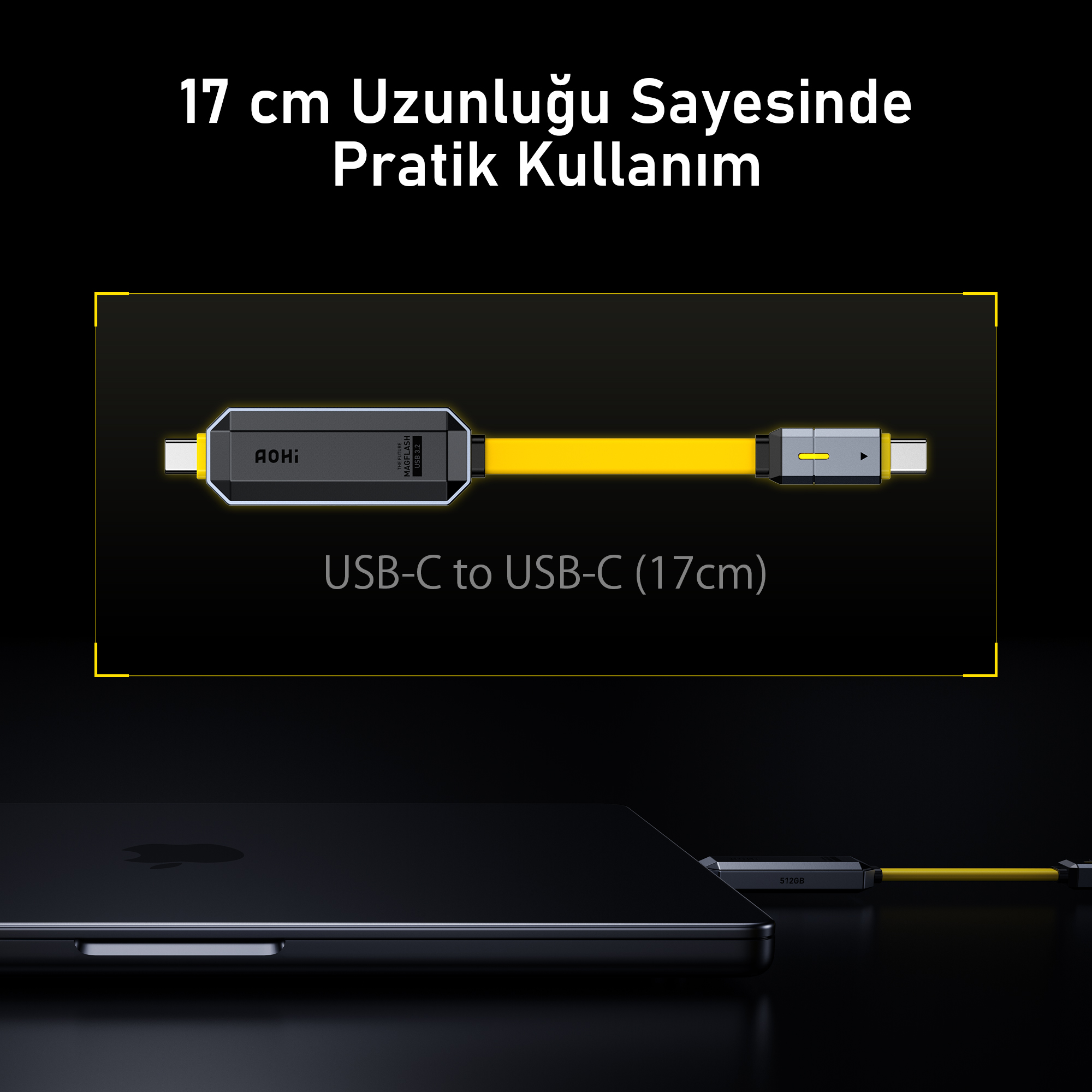 512 GB depolama cihazına bağlı sarı USB-C kablolu siyah bir dizüstü bilgisayar.