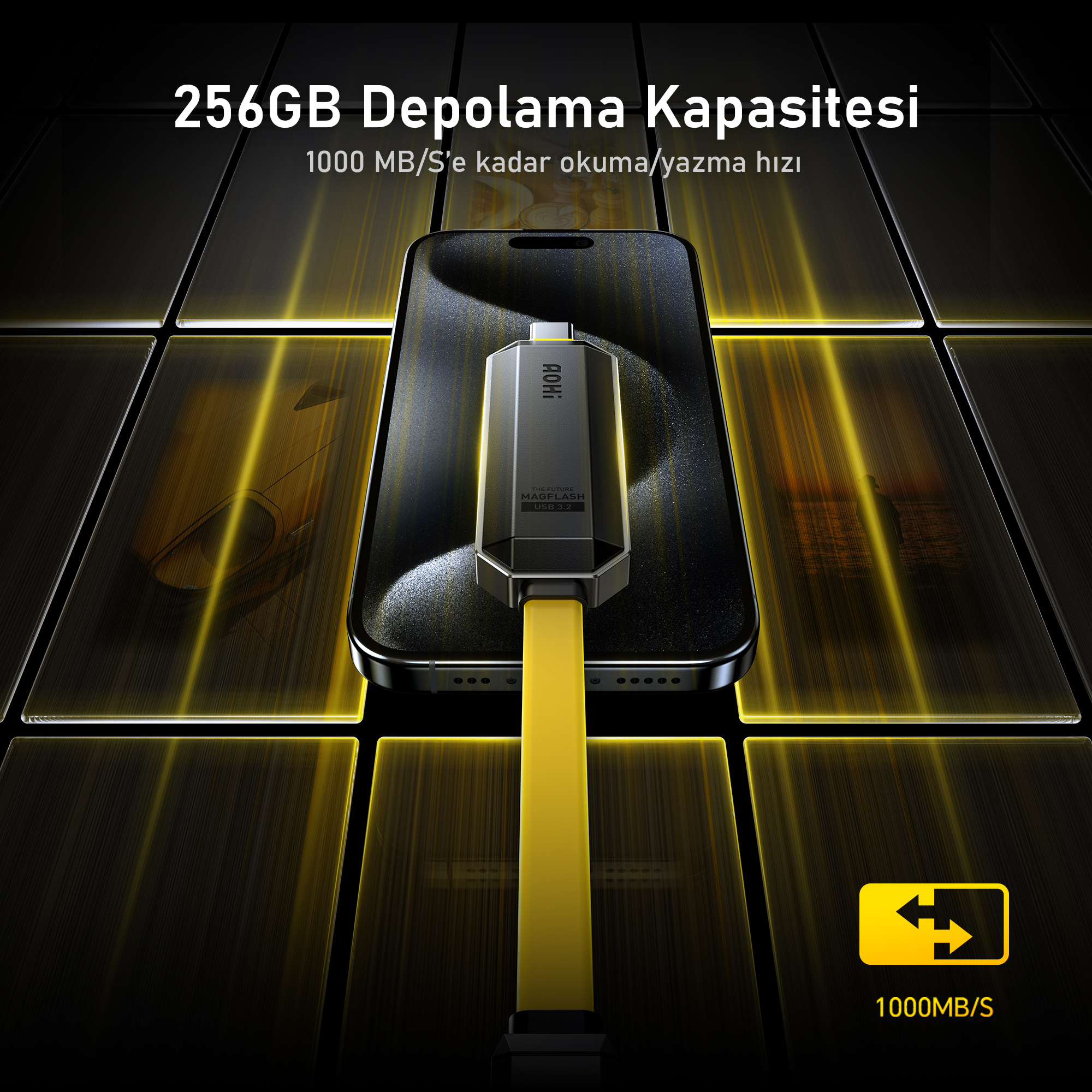 256 GB kapasiteli ve 1000 MB/s hız sunan bir USB depolama aygıtlı akıllı telefon.