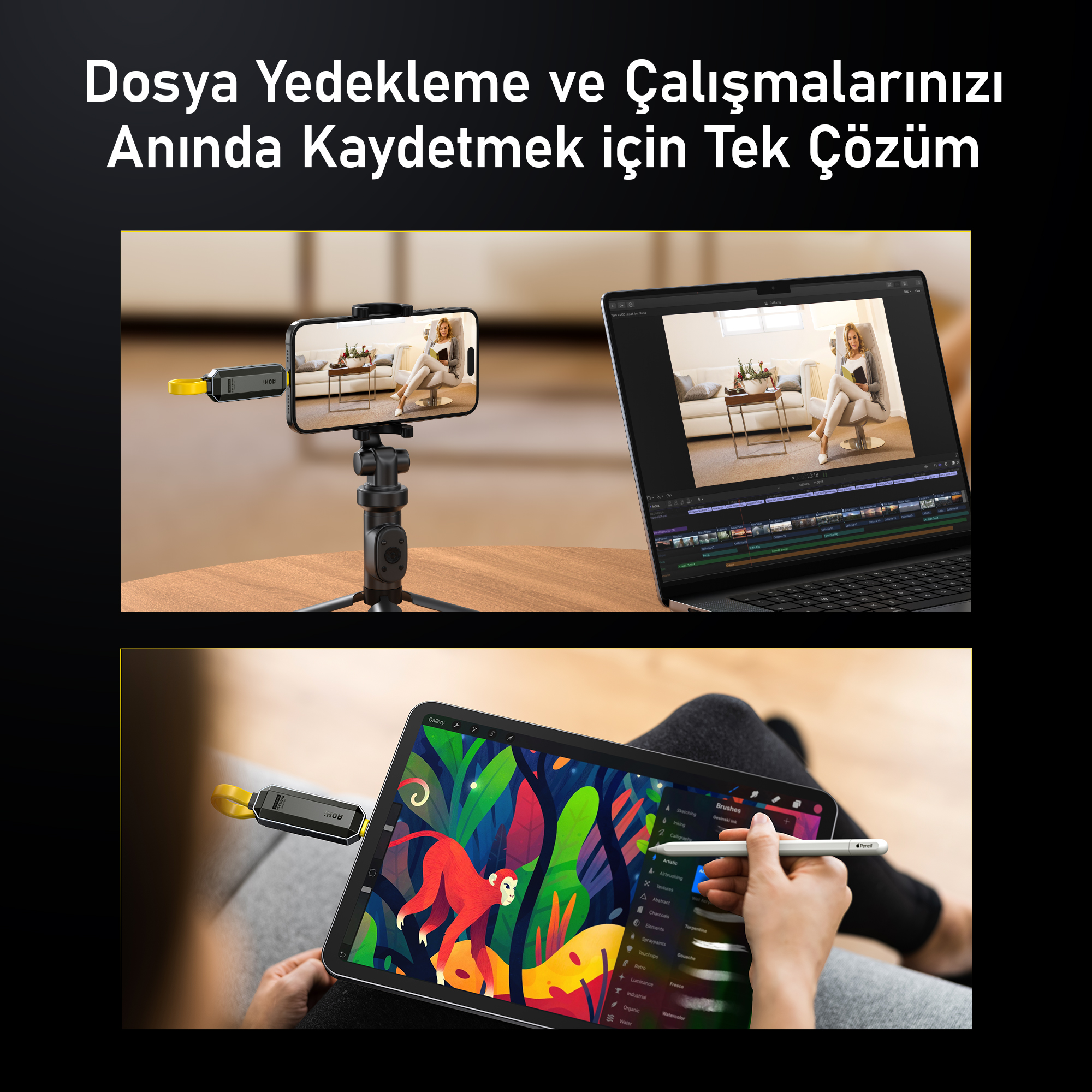 Harici sürücülü akıllı telefon, video düzenlemeli dizüstü bilgisayar ve dijital sanatlı tablet.
