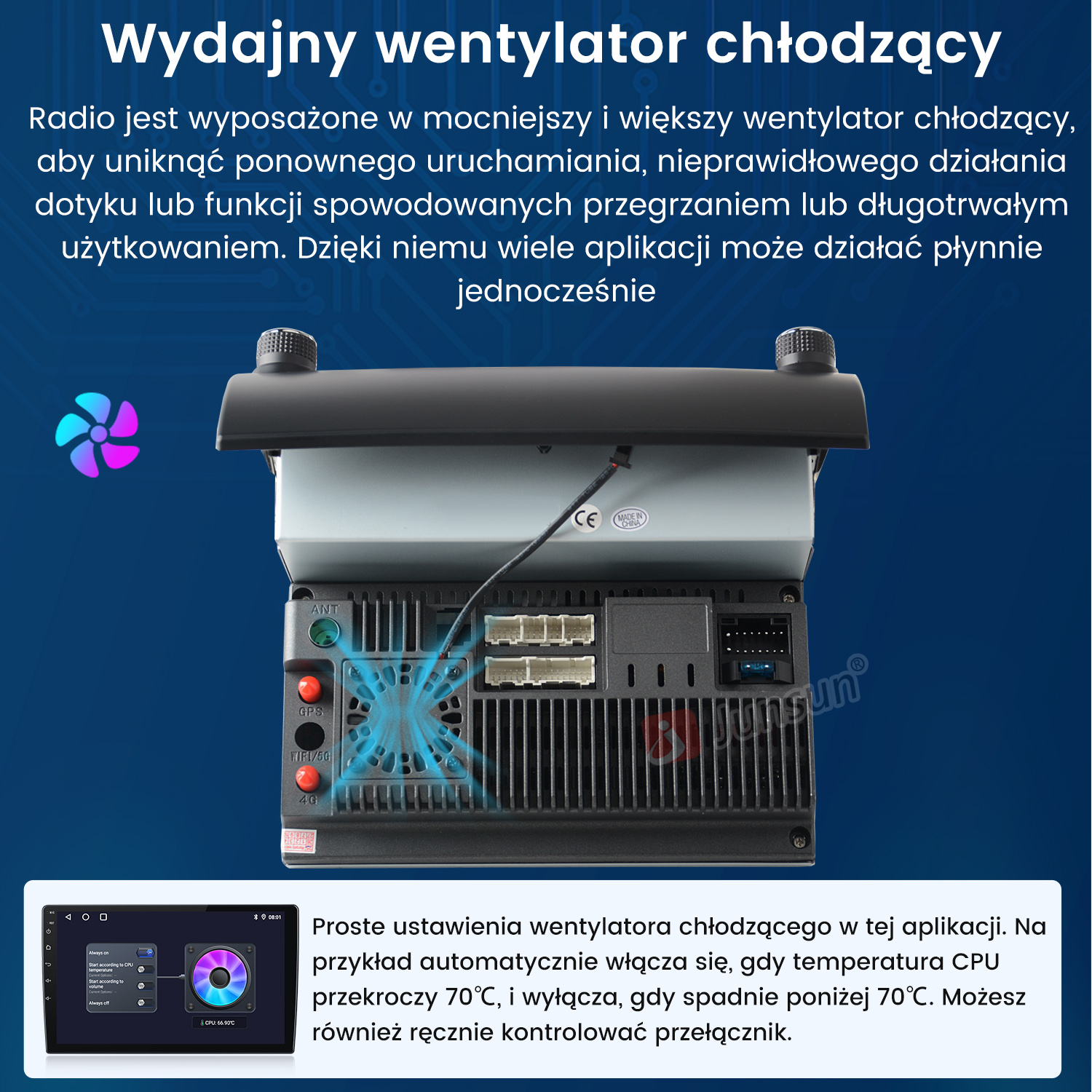 Tył radia samochodowego z wentylatorem i złączami. Ekran pokazuje kontrolę wentylatora.