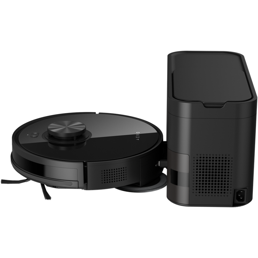 Czarny robot sprzątający ze stacją ładującą, na czarnym tle.