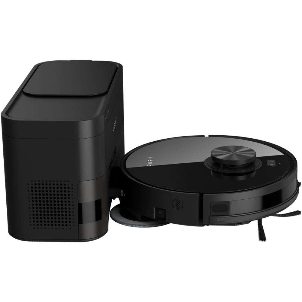 Czarny robot sprzątający ze stacją ładującą na czarnym tle.