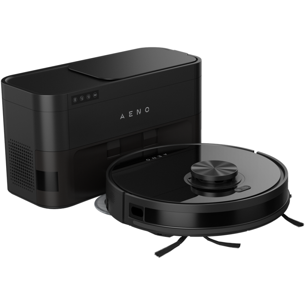 Czarny robot sprzątający ze stacją ładującą.