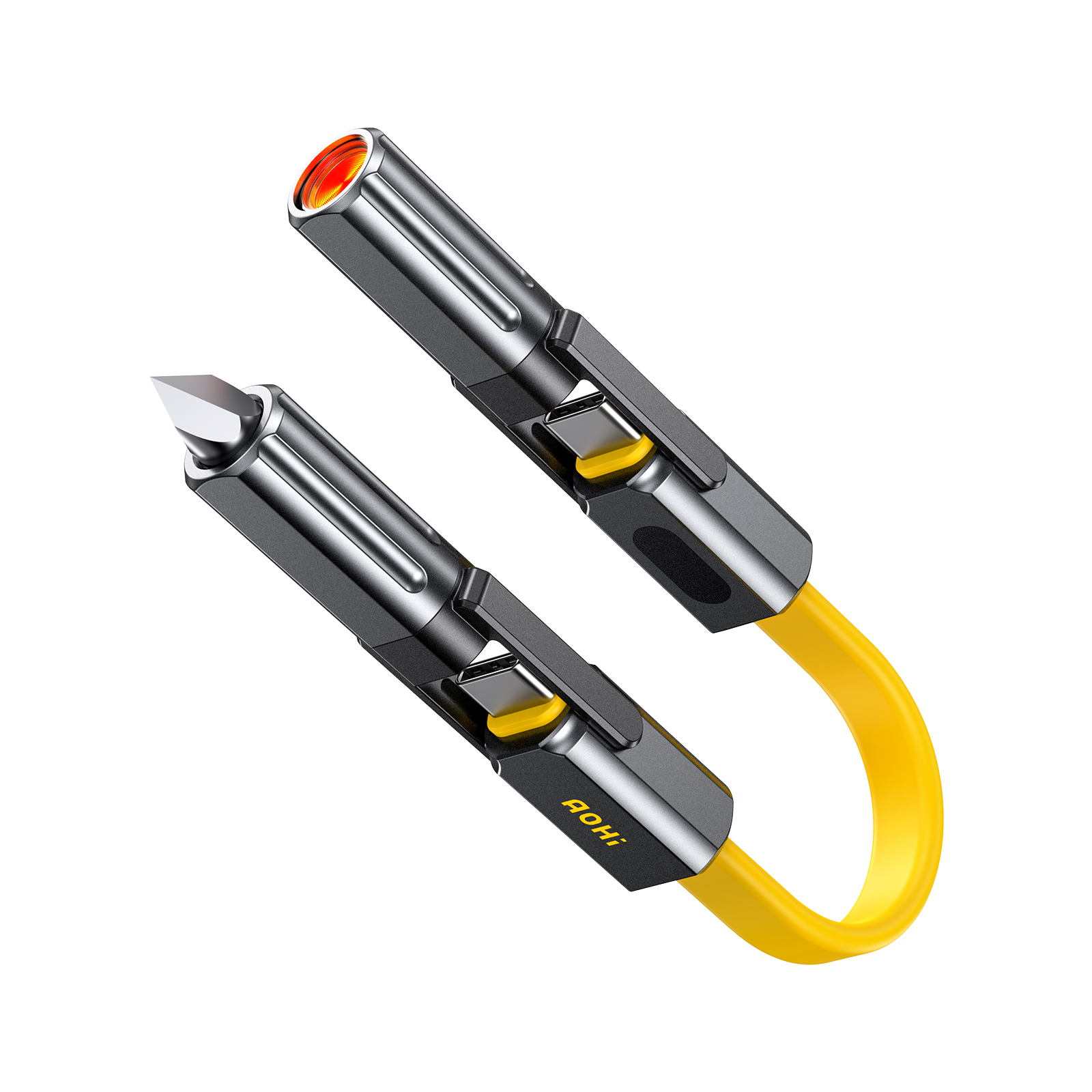 Sarı bir kablo, USB-C portlu iki gri adaptörü birbirine bağlar. Biri sivri uçlu.