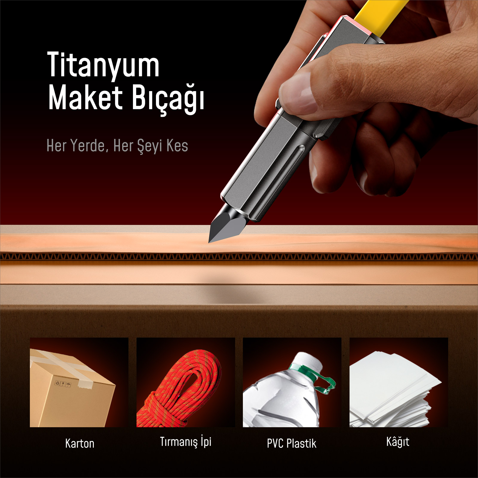 Sarı saplı gümüş bir maket bıçağı tutuluyor. Altta karton, ip, plastik ve kağıt görünüyor.