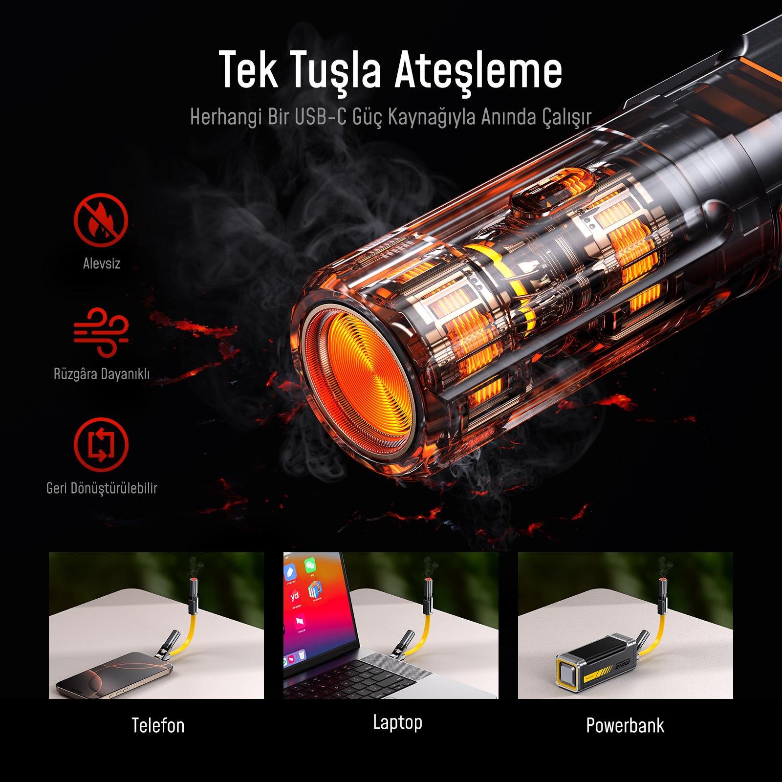 Turuncu ısıtma elemanlı şeffaf çubuk, telefon, dizüstü bilgisayar, powerbank'a bağlı.