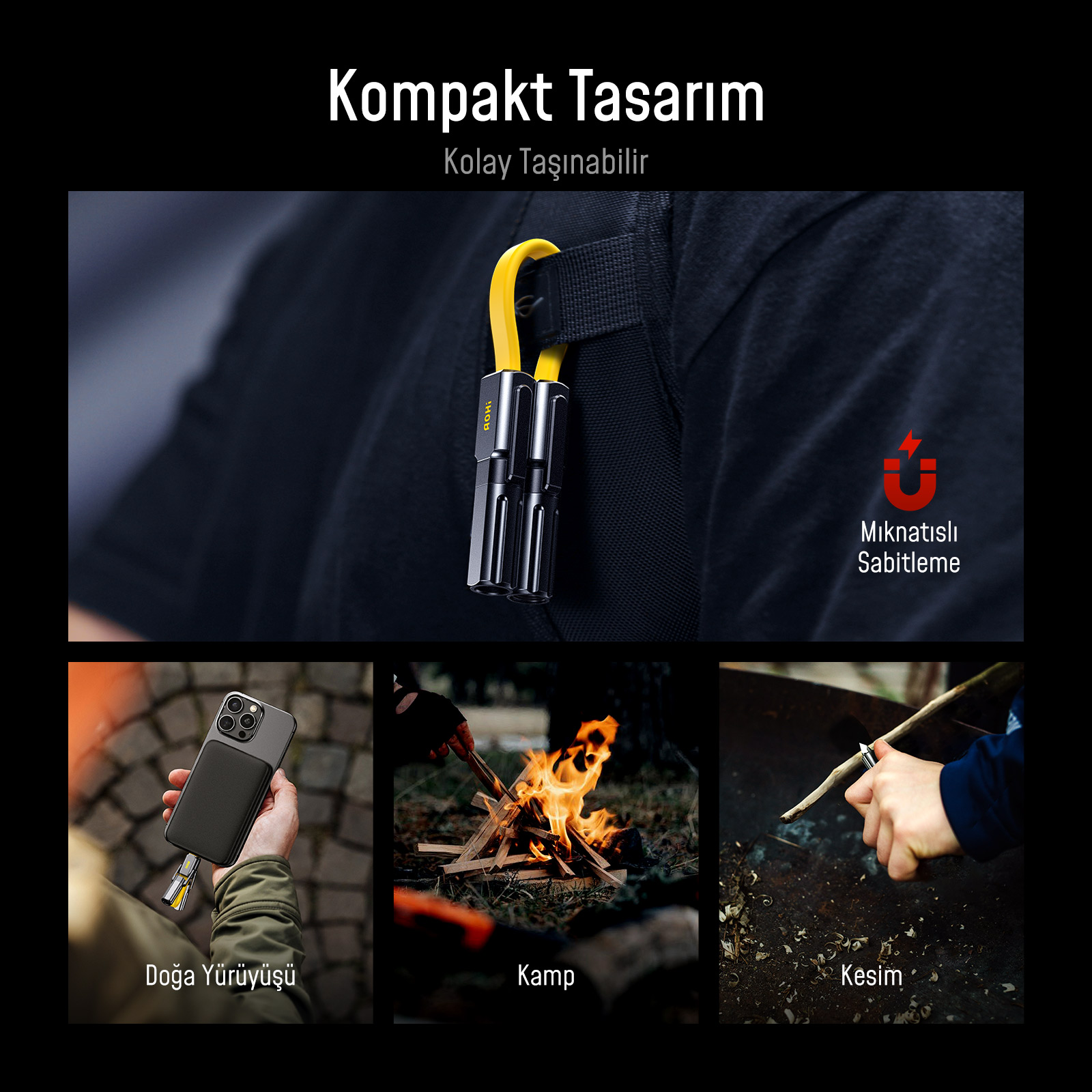 Mıknatıslı sabitlemeli kompakt tasarım, doğa yürüyüşü, kamp, kesim için ideal.