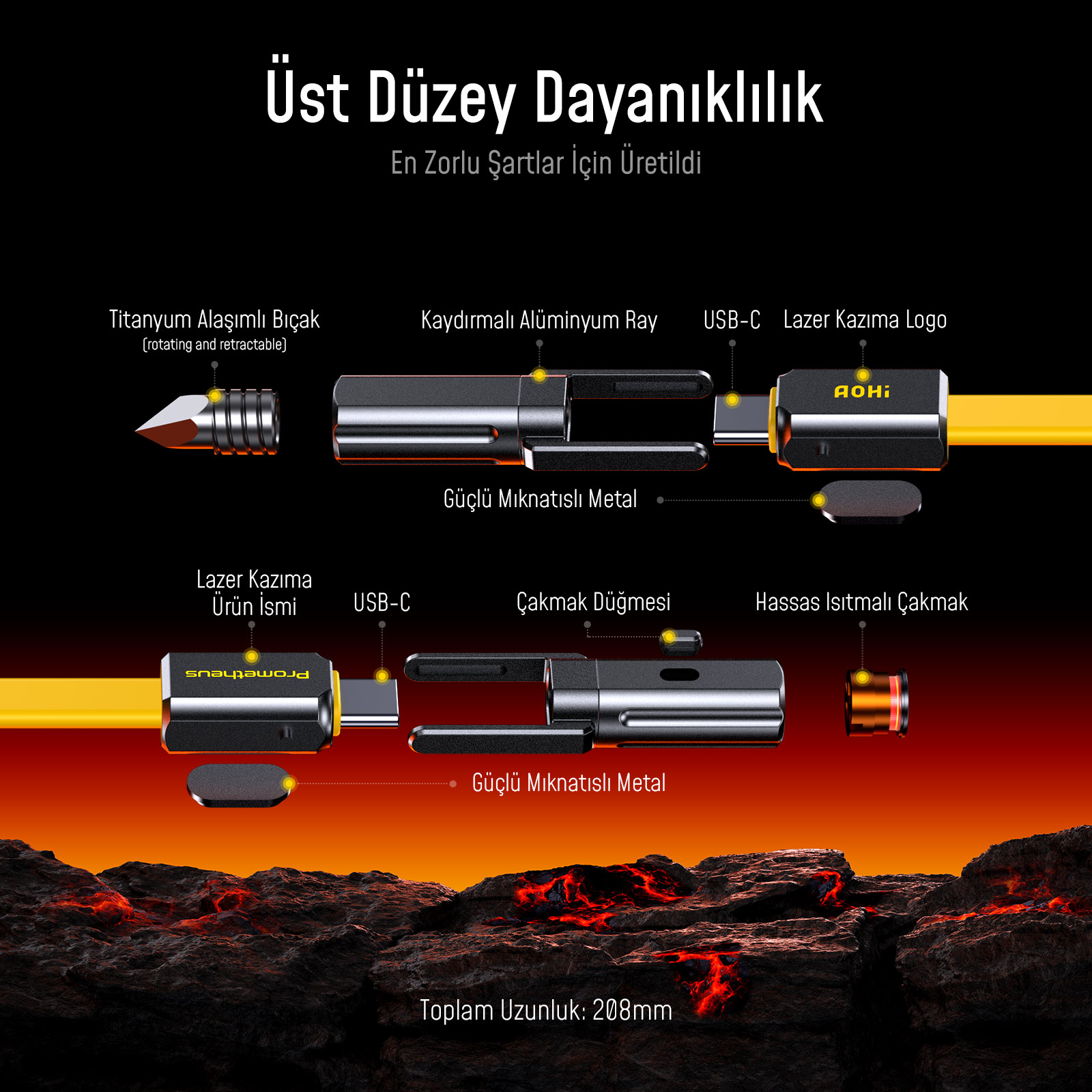 Titanyum bıçaklı, alüminyum raylı ve çakmak özellikli USB-C kablosunun ayrıntılı görünümü.