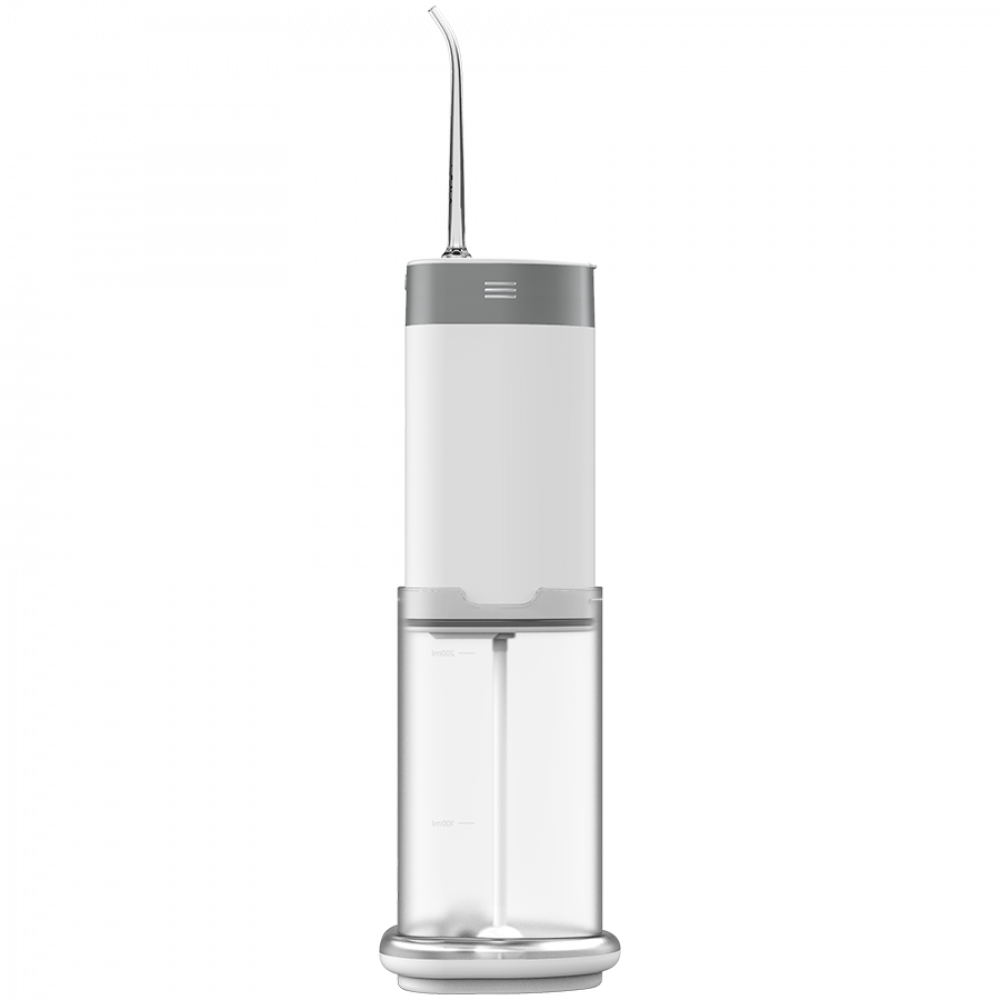 Een wit-grijze elektrische waterflosser met een transparante reservoir.