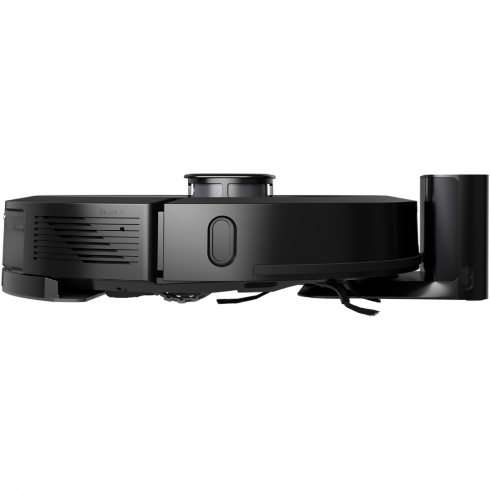 Czarny robot sprzątający ze stacją dokującą na czarnym tle.