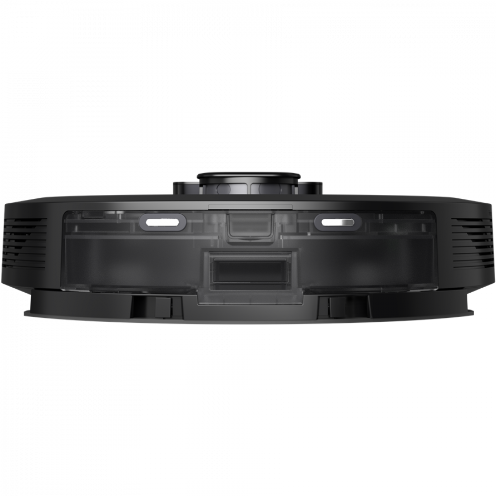 Czarny robot sprzątający z przezroczystą obudową i światłami.