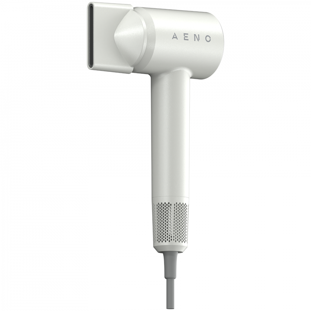 Biała suszarka do włosów z logo "AENO" na czarnym tle.